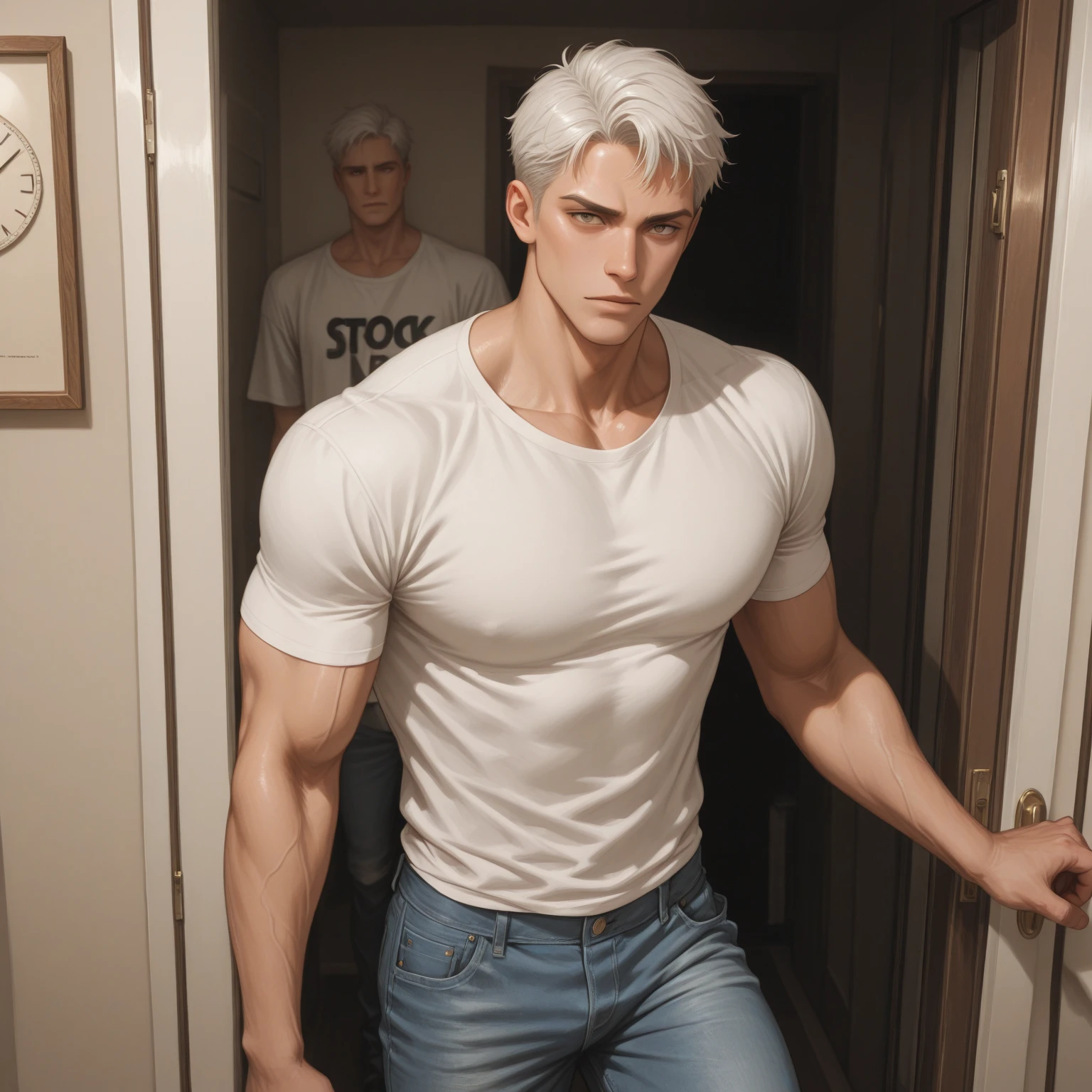 Full body photorealistic 4k, high resolution, best quality, masterpiece, perfect color, perfect shade, perfect lighting, Posted by e621, ((portrait)), ((handsome man)), perfect male figure, Short hair details,chest muscles,abdominal muscles,Naked torso,nudeness Detailed face, perfect face, (stood up), Detailed background, ((Bonifasco Lighting)), (delicate eyes)),white hair. Beige underwear thong, bulge.