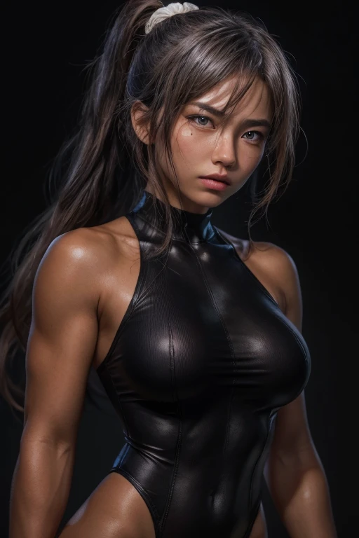 Pretty nerdy Chinese girl, detailed face and eyes, looking at viewer, masterpiece, best quality, shallow depth of field, 8K HDR, huge breasts, 85mm photo, shallow depth of field, tack sharp, (1girl:1.9), 18 years old, , black hair, porcelain skin, short ponytail, 4’9” height, (wearing skin tight leotard:1.6), (showing abs, chiselled abs, shredded 12-pack abs:, abs of steel, shredded abdominal muscle, cut lower obliques, washboard abs:1.7), (slim body:1.2), gorgeous, standing in bedroom, wearing make up, (beautiful feminine face:1.8)