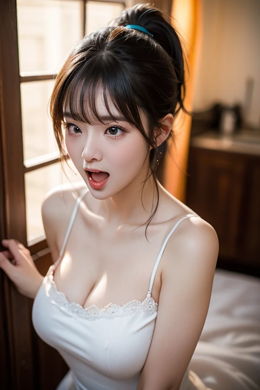 (Best quality, 8K, 32K, Masterpiece, hyper HD:1.3), 1 girl, Open mouth, The look of an , Lick lip, an look of enjoyment,Milk on the face,(Very small chest:1.2), ,White pajamas, ((Areola)),on the bed