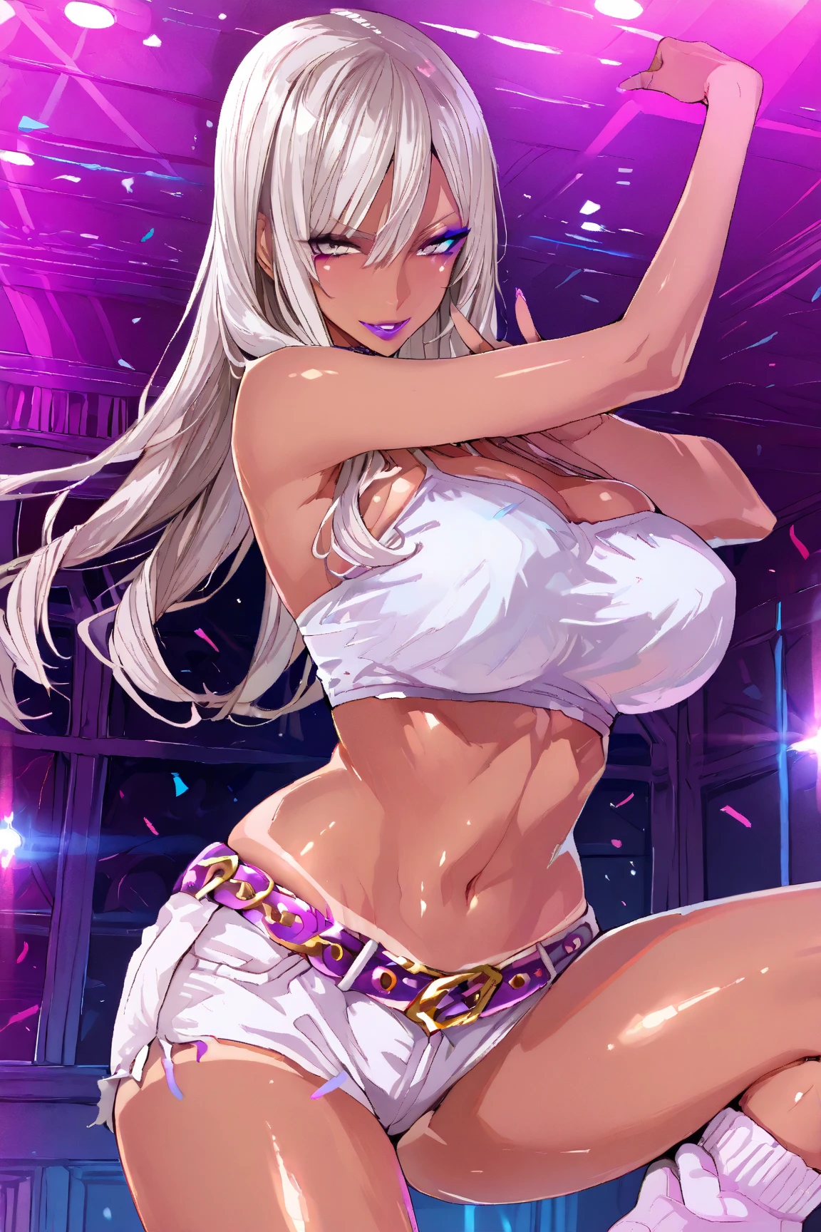 #Basic
A girl posing for a photo, (((One Girl))), (((Baby Face:1.4)) + ((cute:1.4)) + ((15 years old))),
break
#Clothing Accessories
(((Purple on black)Tribal-style dance costume with gold embellishments:1.6) + (See-through Harem Pants) + (Sheer black elbow gloves with gold embellishments) + (Black Wedding Veil) + (Glossy black high heels) + (Gold Tiara)),
((Gold Fancy Bracelet, Gold Hoop Earrings, Fancy Gold Necklace)), ((Black choker)),
break
#Features
((Silver Hair:1.2)) + ((Center-parted bangs + Bangs that expose the forehead)) + ((Long Hair : Long Hair + Curly hair + Curly Hair + Voluminous Hair)),
((Droopy eyes:1.4, Big eyes:1.2), blue eyes), (Small breasts:1.2), (中立的な顔のFeatures), (Tanned dark skin:1.4),
break
#background environment
((Dance stage illuminated by spotlights:1.4)),
#Facial Expression Pose
((Wicked Smile)), ((Showcasing dynamic and captivating dance moves)),
#composition
((Angle from the front:1.2, Cowboy Shot)),
break
#Body parts elements
(Slim figure),
(Symmetrical facial features),
(Detailed Hair, Beautiful Hair, Shiny Hair),
(double eyelid, Long eyelashes, Thin eyebrows:0.5, Thin eyebrows:0.5),
(Expression of fine eyes, Beautiful and delicate eyes, Sparkling eyes, Eye Reflexes, Glitter Eyeliner),
(Human Ear),
(Beautiful Nose, Thin Nose),
(Glossy Lips, Beautiful Lips, Thick lips),
(Detailed skin, Textured skin, Beautiful Skin, Oily skin),
break
#quality
(((最高quality)), ((masterpiece:1.3)), ((Very detailed))), ((Ultra-high resolution)), ((16K)), ((1080P)), ((Full HD)),
((Anatomically correct)), ((Realistic)), (3DCG), ((Oil painting)),
((comics, anime)), (CG illustration), (RAW Photos),