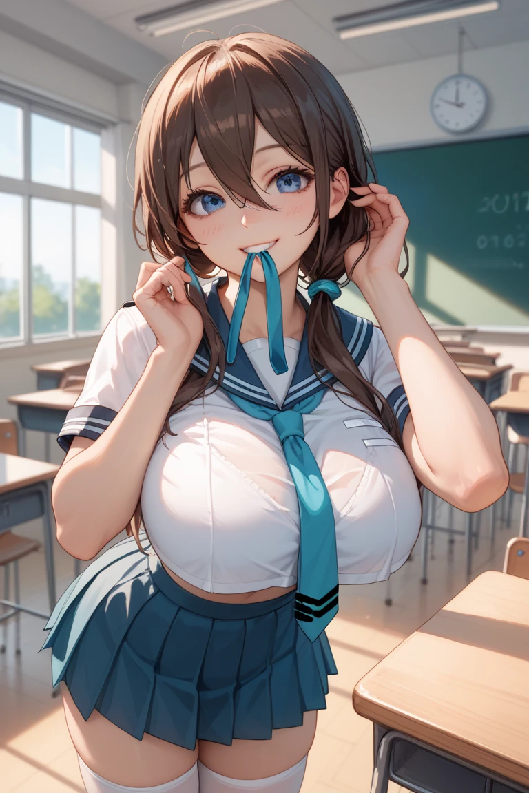 NSFW, ((best quality)), ((masterpiece)), ((detailed)), (((perfect face))), (((slender 18yo teenage girl))), ((((medium breasts)))), ((((topless)))), ((((dark blue pleated skirt)))), ((dark brown hair)), ((short ponytail)), (((blue eyes))), ((shy smile)), ((blushing:1.5)), (((bare chest))), ((bare stomach)), ((bare shoulders)), (((bare arms))), (((standing))), ((((arms behind back)))), (((classroom))), ((((detailed background)))), (((looking up at viewer))), (((view from above)))