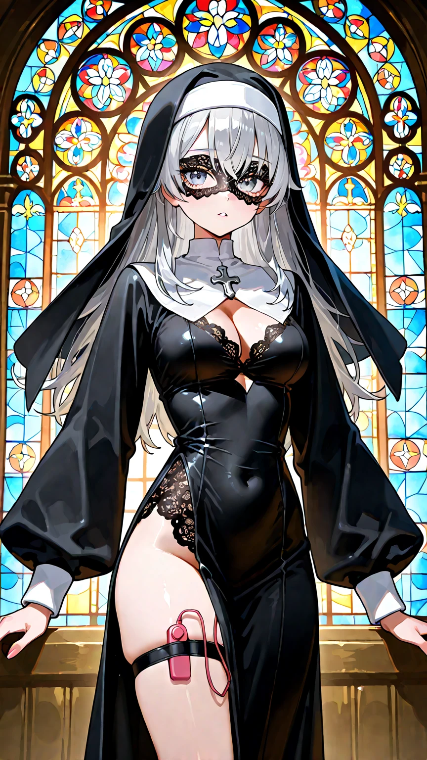 masteerpiece, lineart, strong shadows, beautiful demonic woman, white long hair,fangs, horns,Balancing on one foot, mimicking a cute pose from ballet, revealing, <lora:Nun:1>, nun