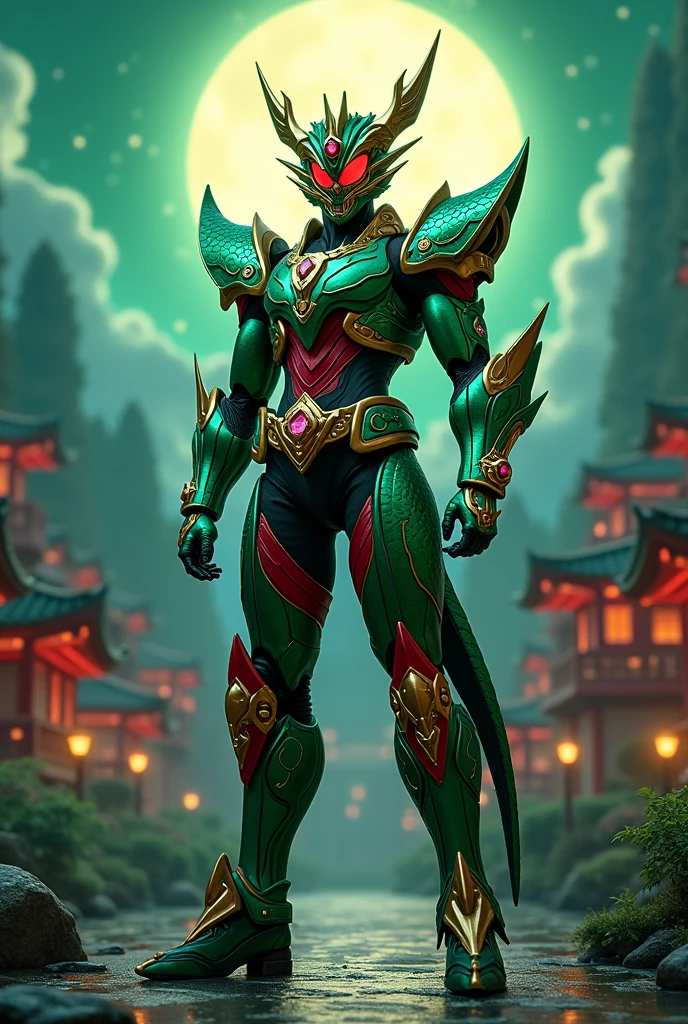 Dragão, cor verde, vermelho e preto, ameaçador, cores vividas, ninja (masterpiece: 1.2) (realistic: 1.2) (bokeh) (best quality) (detailed skin: 1.3) (intricate details) (8K) (detail eyes) (sharp focus),