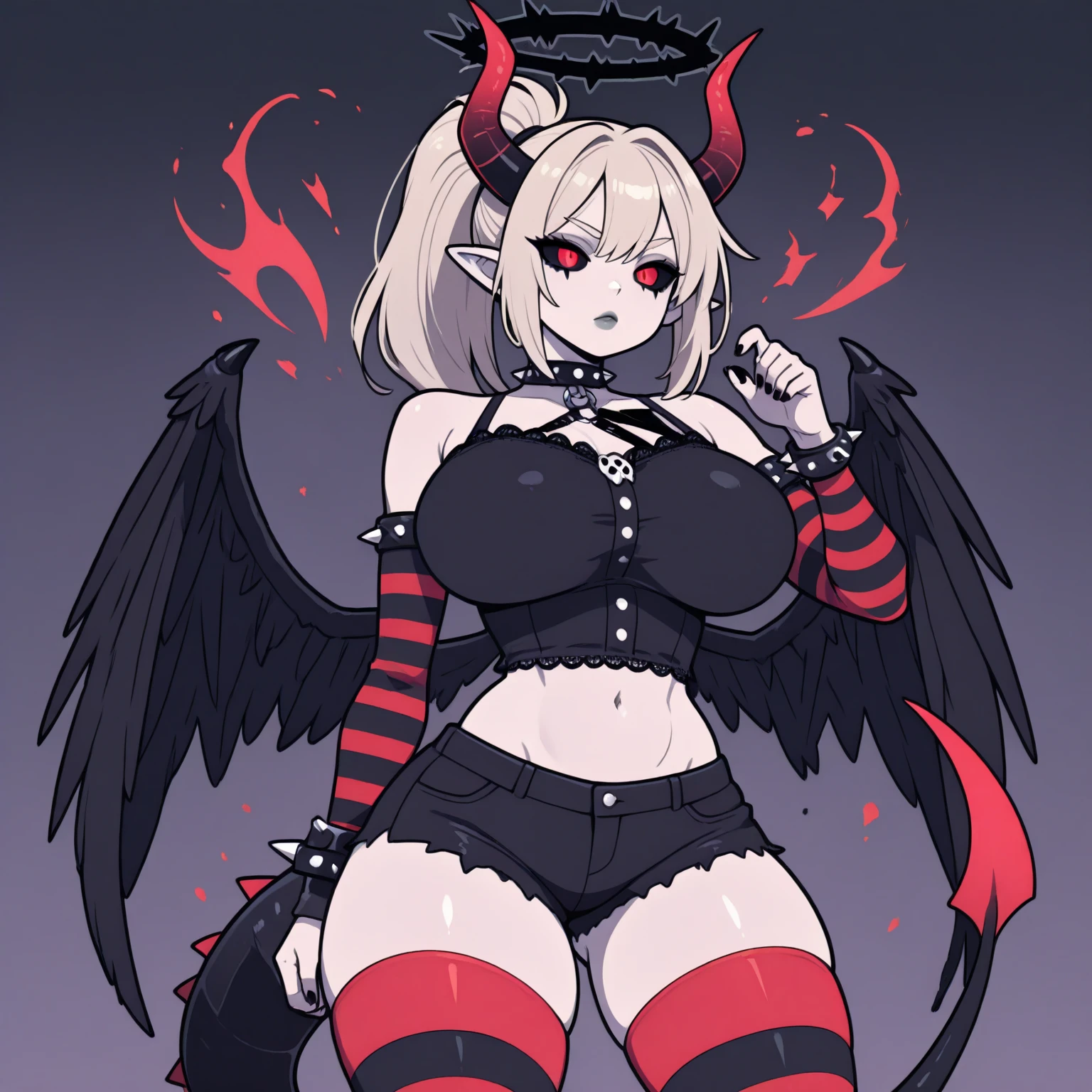 1girl, solo, best quality, demon girl, womb tattoo, lingerie, seductive look, looking at viewer, absurdres, kinkymation style, cartoony, thick outline, succubus horns, flat color, thick outline, kinkymation style, slim, medium breasts,