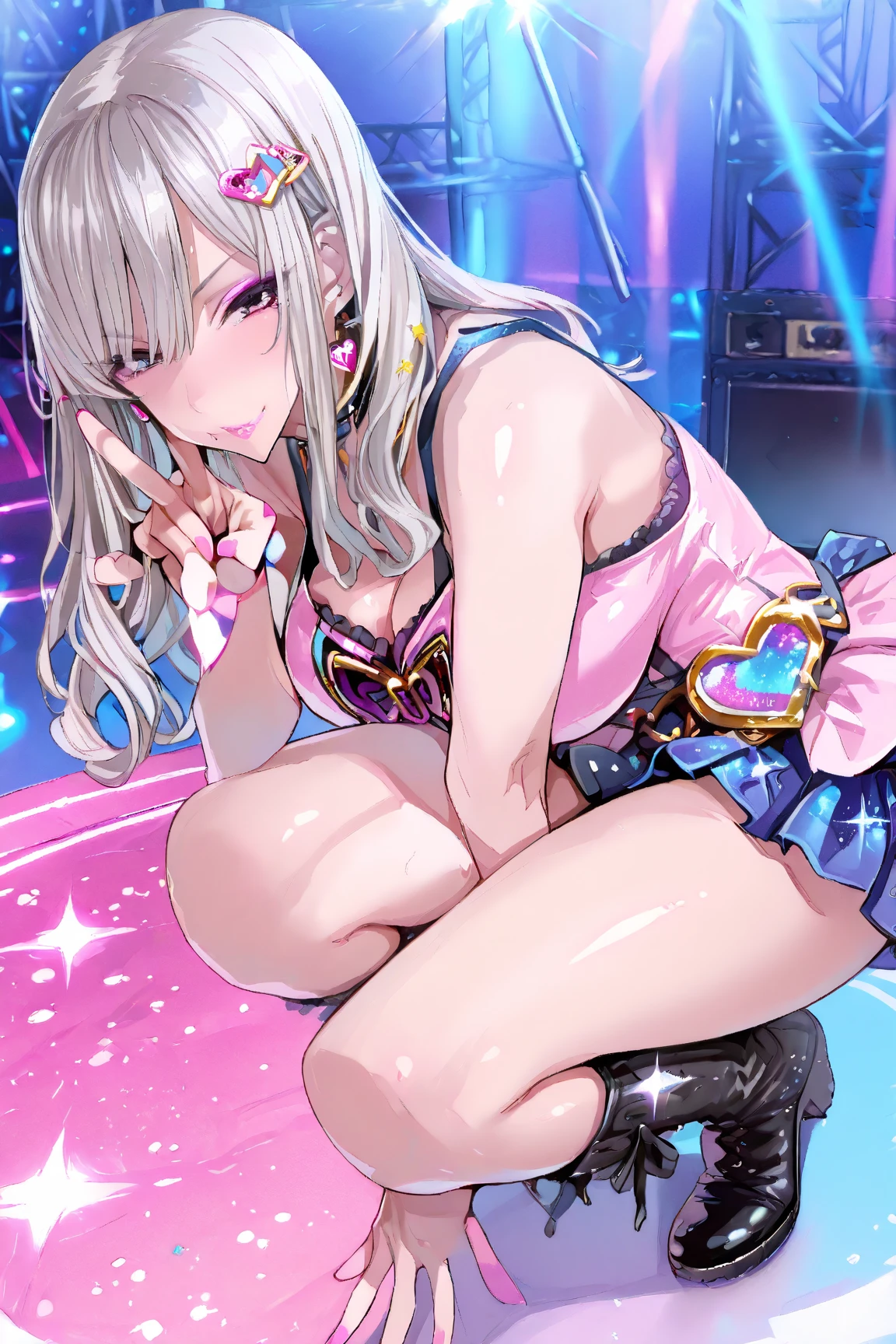 score_9, score_8_up, score_7_up, rating_safe, rating:general, 2girls, solo, (chloe_von_einzbern), dark skin, pink hair, (illyasviel_von_einzbern), blonde hair, standing split,  face, smile, fang, open mouth, blush, leopard print , white shirt, pleated skirt, miniskirt, belt, jewelry, Sun visor, shiny skin, wet skin, steam, sweat, cowboy shot, indoors,  pole dancing