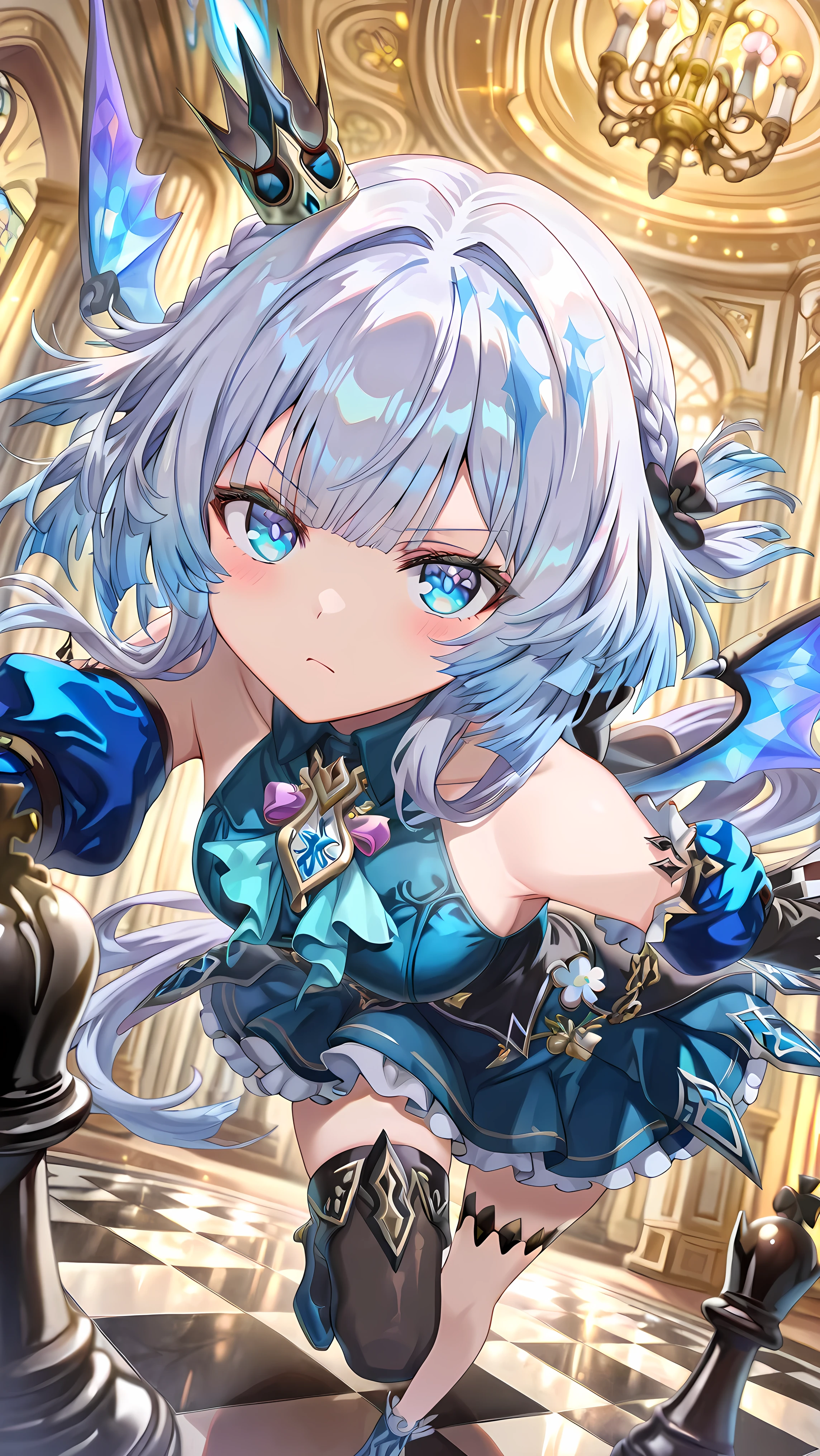 Score_9, Score_8_up, Score_7_up, Score_6_up, Score_5_up, Score_4_up, Source_authentic, masterpiece, best quality, amazing quality, very aesthetic, high resolution, ultra-detailed, absurdres, newest, scenery,(depth of field:1.5),
(super fine illustration,professional quality,ultra high res), beautiful detailed eyes,
(high brightness),
break
cerydra,
blue eyes, bangs, light blue hair, braid, white hair, gradient hair,hair bow, hair ornament, long hair, multicolored hair, ponytail, short hair with long locks, sidelocks, small breasts,

crown, mini crown, black thighhighs, blue dress, hair bow, black bow, detached sleeves, asymmetrical legwear, frills, bare shoulders, collarbone,  thigh strap, thighhighs, blue footwear, high heels, fur trim, single thighhigh, wings, high heels,

torino_aqua,((extremely detailed background)), Lots of elements in background,((super-detailed background)),  large chess board, play chess, chess pieces, ((8K wallpaper)),

1girl, 
serious face, Glossy eyes, Animated, Seductive, Erotic, Glossy skin Thighs, Sexy, ideal ratio body proportions, (Cute Illustration: 1.3), (High Saturation: 1.3), Cute face and eyes, Dynamic lighting,, stylish, random pose, battles scenes, attack, looking at viewer, , (dynamic angle: 1.2), 
 BREAK front view, (face close up:1.4), (looking up at viewer),