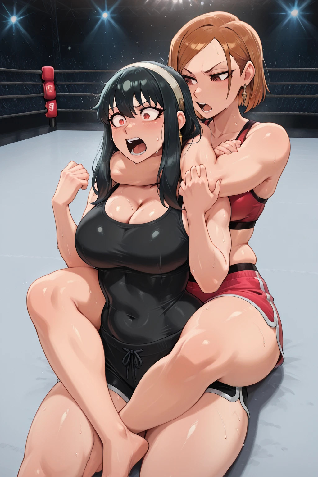 score_9, score_8_up, score_7_up, source_anime, takeda hiromitsu style, ((1girl, short stature)and(2shota boy, short stature)),hetero, (1girl, tall stature),(curvy:1.4), (rolling eyes:1.4),(long hair,drill hair),grey hair, grey eyes, large breasts, pale skin,shiny skin, (trembling), erectile nipples, ((She wears wet suit), cum in pussy,(cum on clothes:1.4), cum on breasts,cum on body,cum facial, bukkake, cum in mouth,cum on hair,(excessive cum), (2shota boy, short stature:1.4),((smug)),small penis, dark-skinned shota boy,interracial, clothed sex, intercourse with a shota boy, cowgirl position,bouncing breasts,(((man of top))),head back,tongue out,pussy,vaginal penis,(((motion lines))),(((vulgarity))),trembling,motion lines, clothed sex, intercourse with a shota boy, (wrestling ring),