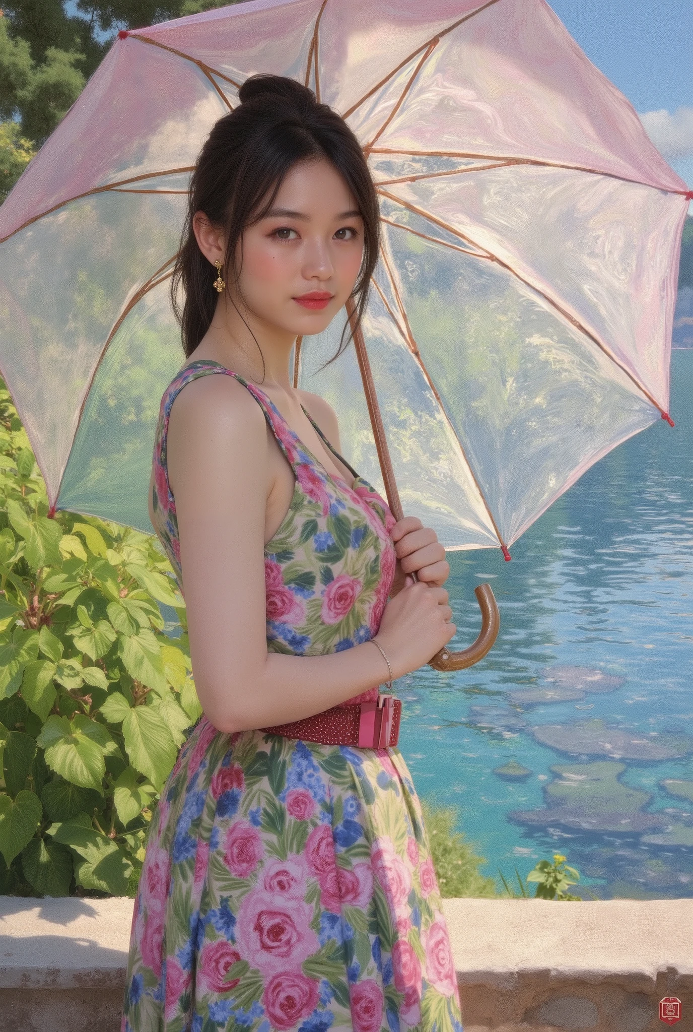 (best quality, 4k, highres, masterpiece:1.2) , ultra-detailed, (realistic, photorealistic:1.37), A photorealistic portrait of an elegant young woman standing, She is having a Sun Umbrella for Women, Claude Monet Scenery Excellent Quality、4K resolution、super definition、Realistic、PROFESSIONAL、Dynamic Range HDR、vibrant colors、bokeh、Impressionist style、oil、beautiful light、elegant atmosphere、Natural elements、In the sunshine、marine scenery、delicate texture、Elegant posture, 19rth century, she is taking a walk, hyper detailed moist skinn texture,