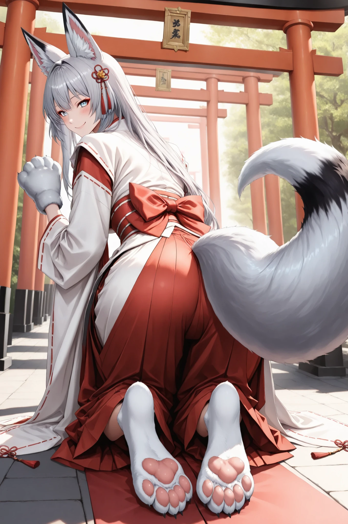 yukiko, Girl with shemo ears , Farley, ((godCompanyの巫女衣裳)), , ((godCompanyの背景:1.4, In the precincts of Torii, Company)), Fox Beast Woman , 白Fox Beast Woman , (fox ears, fox tail, Fox's front paws, white paw:1.2), 美Seems, Exquisite , Anime Style, gray hair, round face, big eyes, Smile Yan, Blush, graceful behavior, Delicate Body, god秘的, fantastic, natural light, Soft Shadows, Delicate Details, god々Seems, god聖な雰囲気, Traditional Japanese Style, Analog Painting, Superb painting quality, 8K, Super Realistic, Physically Based Rendering, vivid and vivid colors
