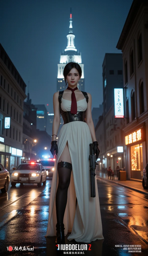 (Wide angle view). Matrix film inspired New York city, simple outlined neon tall buildings, glowing giant clock tower, year 1937 cars, lightning, 3D rendering Beeple. At night, (1girl, solo, alone), photorealistic, large-breast slim:0.6 body, oval:0.5 face, cleavage:1.1, very low angle view of sexy ethereal white dress, deep-v, ((upskirt)), glove, (Matrix style black micro sunglasses), ((aiming viewer with a short gun)), (half-body thigh level close-up shot), cinematic lighting, ray tracing.
