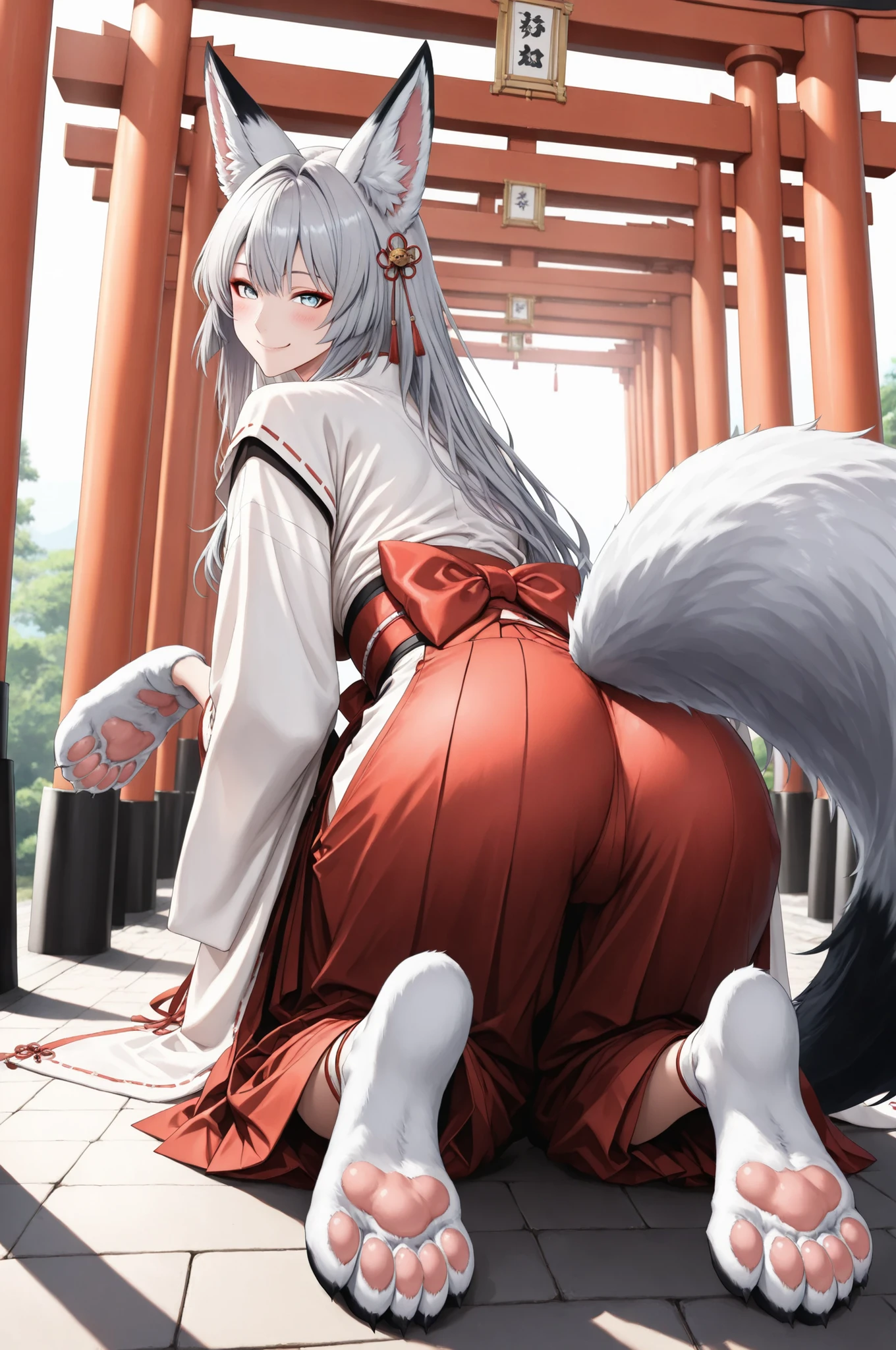 yukiko, Girl with shemo ears , Farley, ((godCompanyの巫女衣裳)), , ((godCompanyの背景:1.4, In the precincts of Torii, Company)), Fox Beast Woman , 白Fox Beast Woman , (fox ears, fox tail, Fox's front paws, white paw:1.2), 美Seems, Exquisite , Anime Style, gray hair, round face, big eyes, Smile Yan, Blush, graceful behavior, Delicate Body, god秘的, fantastic, natural light, Soft Shadows, Delicate Details, god々Seems, god聖な雰囲気, Traditional Japanese Style, Analog Painting, Superb painting quality, 8K, Super Realistic, Physically Based Rendering, vivid and vivid colors