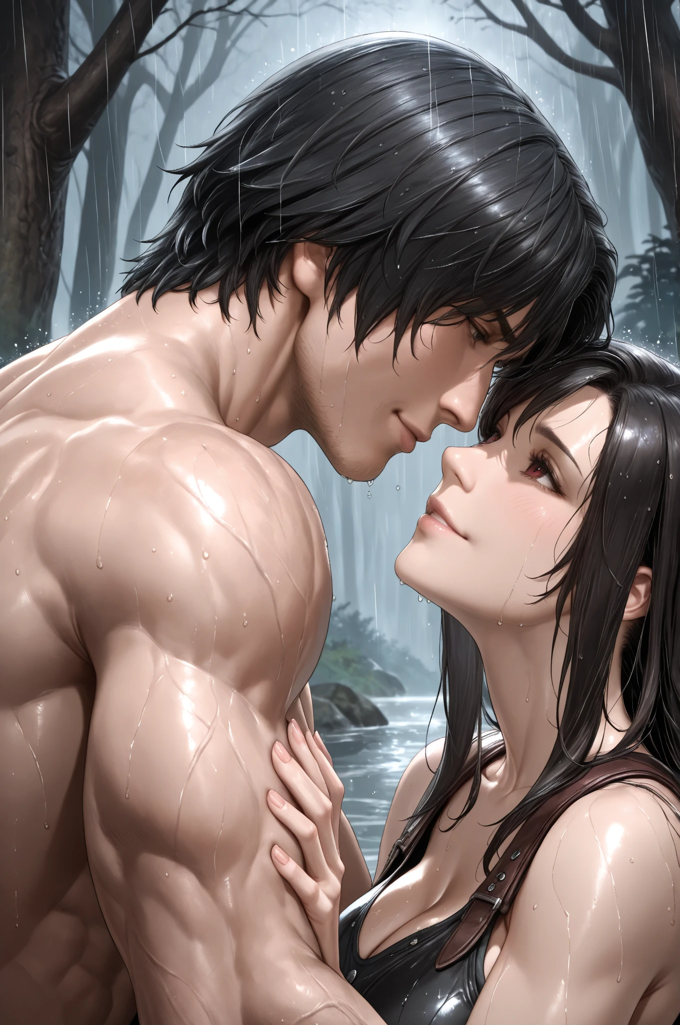 Romantic, intimate photograph featuring a couple seated on rocky terrain near a flowing stream. The woman, with long dark hair and fair skin and big hips, is wearing a black underwear and is seated on the man's lap. The man, with short light brown hair and fair skin, is shirtless and wearing dark swim trunks. They are embracing each other closely, with the woman gently holding the man's face and the man holding her waist. The background consists of large rocks and a small waterfall, creating a natural and serene setting. The overall tone of the image is warm and earthy, with soft lighting enhancing the intimate mood.