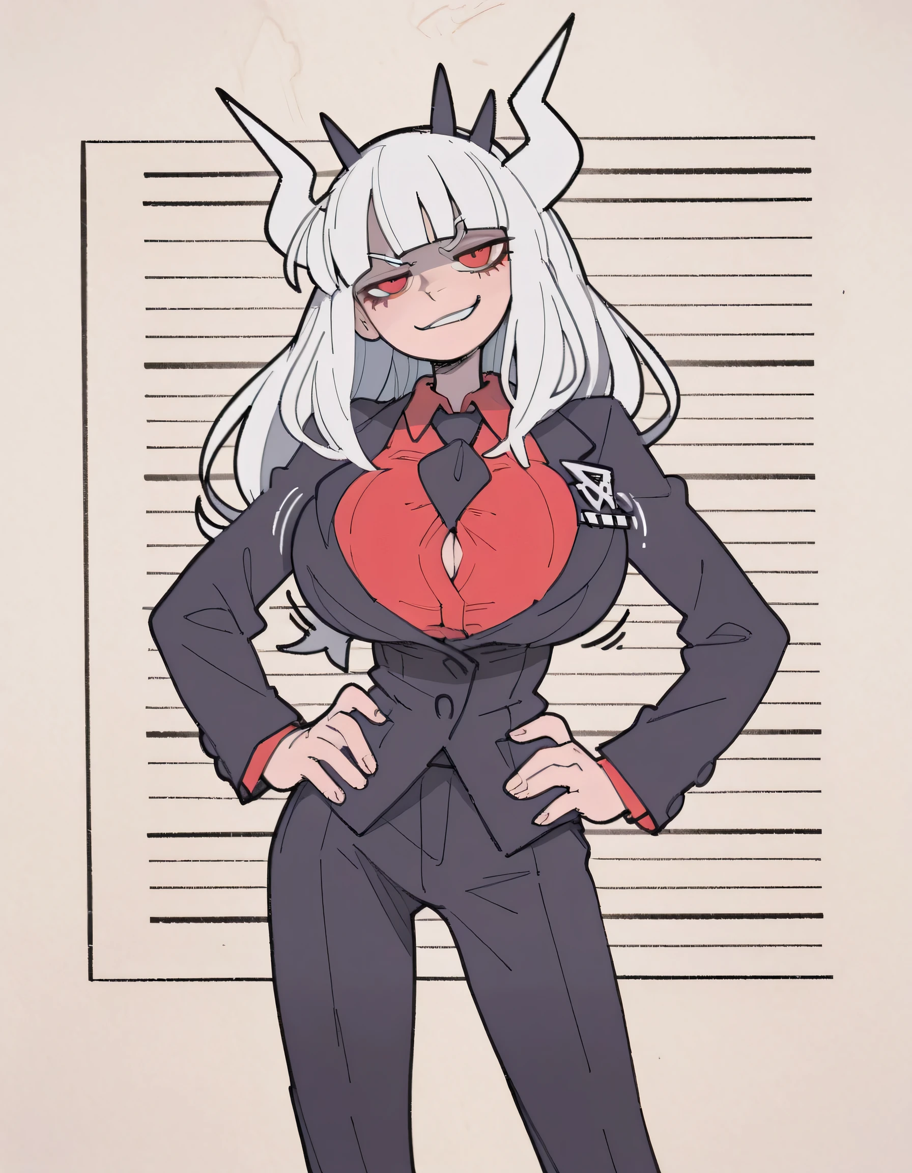 masterpiece, ultra-HD, impressionism, high detail, best quality, very aesthetic, 8k, best quality, beautiful, tmchng, 1girl, lucifer (helltaker), skinny , horns, white hair, long hair, blunt bangs, huge breast , red eyes , eyes liner , business suit, black jacke , black pants , formal, necktie noaharbre , arched chest , bulge , hands on hips , open legs , head tilted , thighs , smirk , shaking breast , breast expansion , mugshot room background