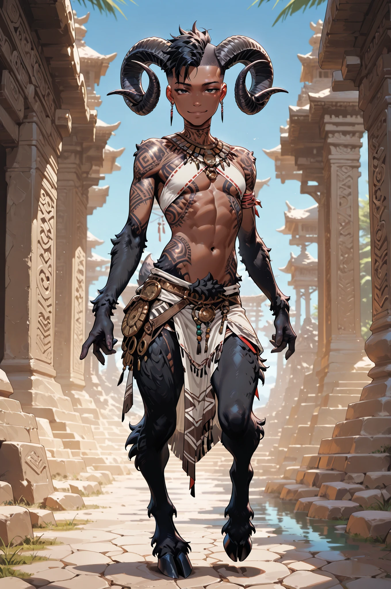masterpiece, best quality, amazing quality, very aesthetic, high resolution, newest, hyper-detailed, (long shot),solo , 1 man ((satyr)),gentle smile; mature man, African skin, black hair, short hair, mohawk cut ((sheep horns and hooves)) tribal clothes, tattooed body, fantasy theme, front to the viewer, fan art, absurdres, amazing temple background, depth of field