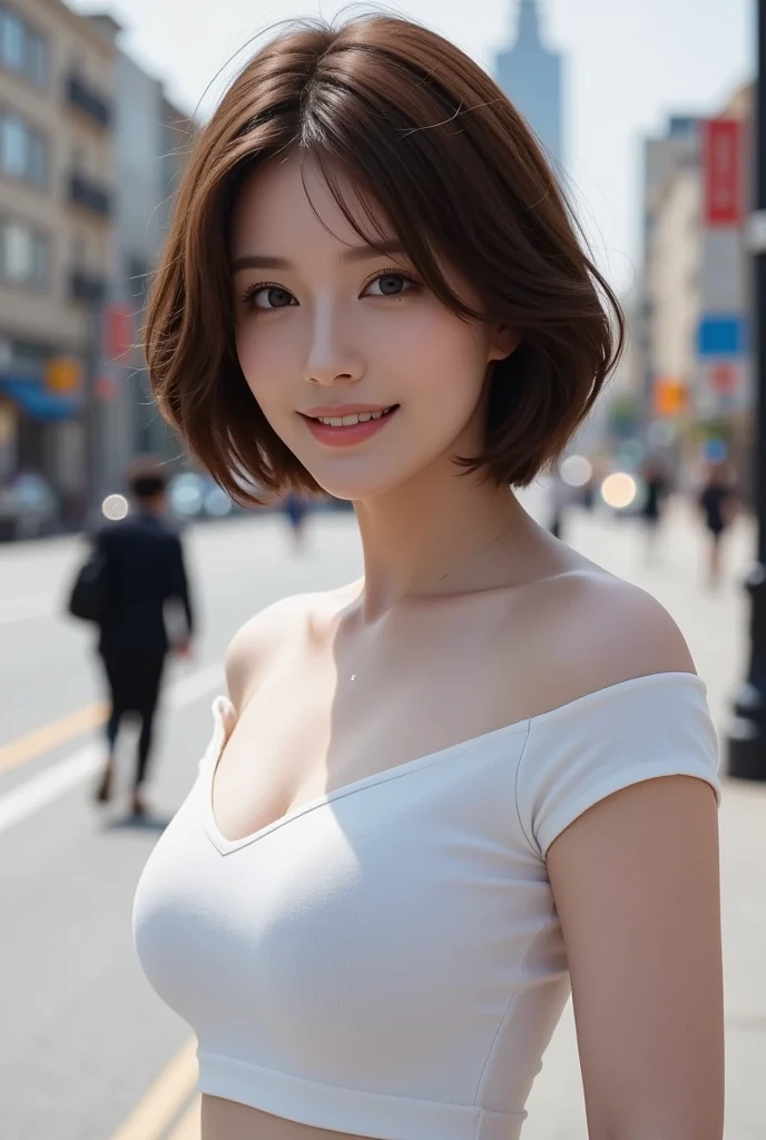((masterpiece)), ((Highest quality)), ((Complex)), ((Surreal)), (Realistic), (Mature Woman), ((There are no classes)), Very detailed, (1 female), Beautiful and exquisite, (Beautiful Teeth), Grin, Brunette bob hair, Brown eyes, ((blouse)), (Upper Body), (background:none), Perfect Eyes, Captivating eyes, Looking at the audience