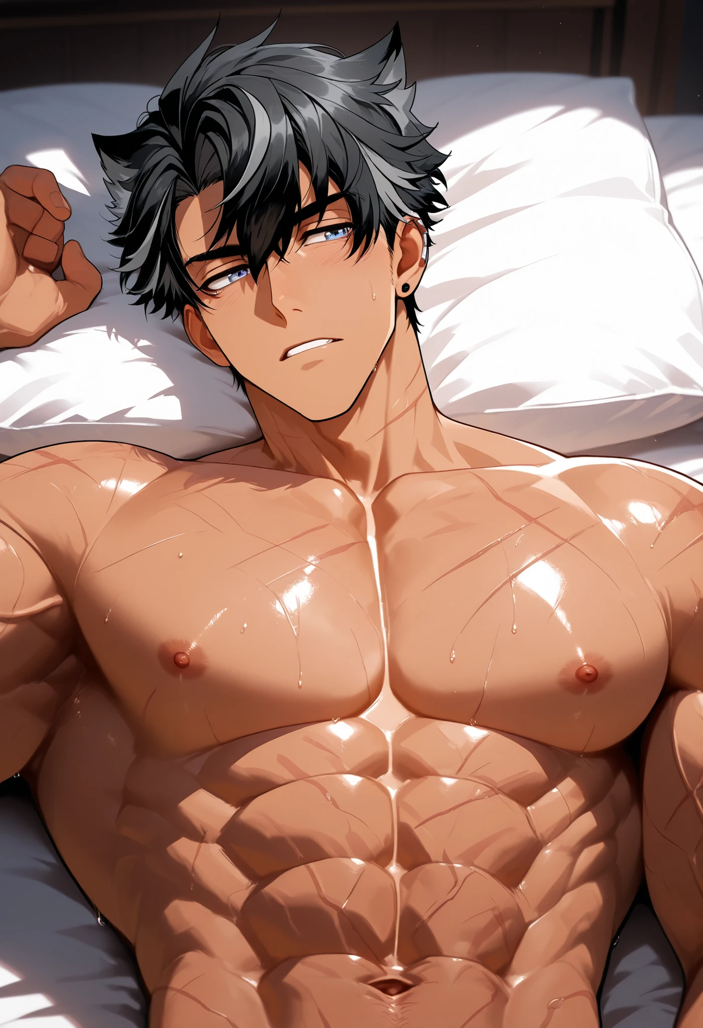 (human) a men Wriothesley , lying on a bed , neaked, , lying down , , visible muscles veins, European style bedroom , big dick , , neaked, light from the windows hitting your body , short haircut, black hair, blue Eyes, Light skin with a slight tan. Tanned, trending on bbwchan, up close wriothesley, inspired by Abdullah Gërguri, perfect muscle structure, muscular men, very attractive men, alone, muscular musculature, , beautiful musculature, aesthetic stretch marks, inspiring physique, lean musculature, square pecs, beautiful v-shape, great abs and torso, (male face) chiseled abs, chiseled pecs, with his black military haircut and voluminous neck, narrow waist, human, attractive face, masculine face. a men who presence inspires confidence and respect.