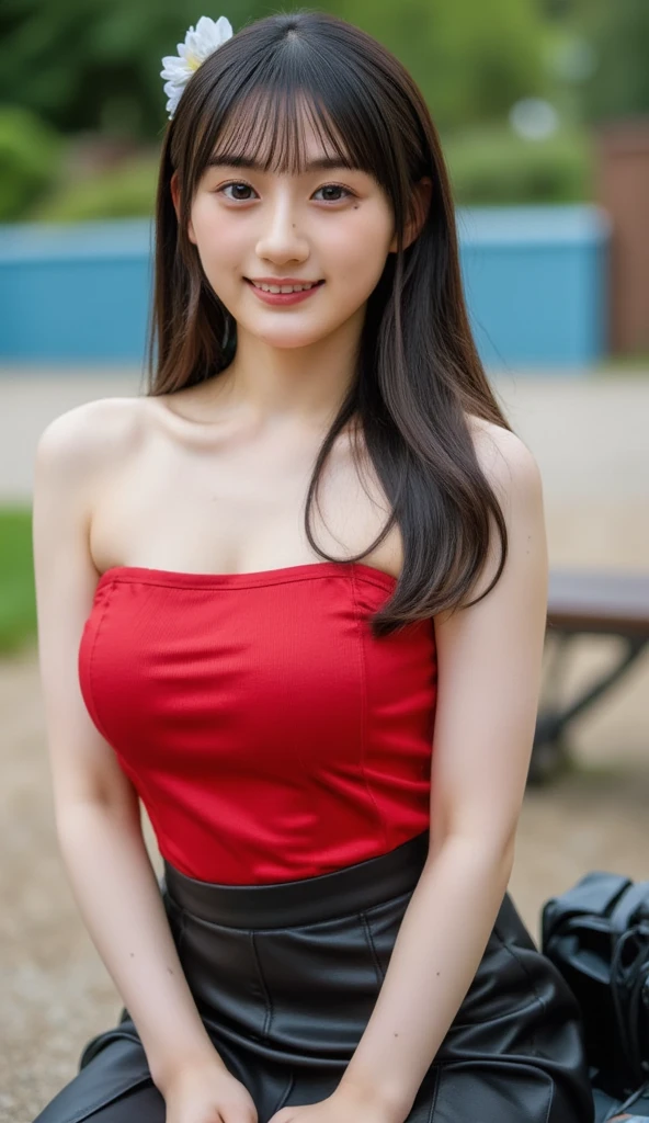 1 girl, ((8k, raw, masterpiece: 1.4)), (Professional photography, sharp:1.2), ((half body photoshoot)), Perfect dynamic composition, (Natural sun light), (soft shadow), (Perfect body:1.4, slim abs:1.2), (gigantic round breasts:1.6), (((black medium hair))), Ultra-detailed faces and skin, perfect asian, White skin, (Delicate skin:1.4), (latex skin:0.4), (perfect glowing skin:0.6), light brown eyes, beautiful eyes, round eyes, pretty face, blush, glossy lips, high nose bridge, glossy eyes, Perfectly proportioned face, Really moist skin, Refined expression, Smile gently at the camera, looking at camera, Refined expression, Elegant necklace, Elegant earrings, minimalist, ((wear red shirtdress))