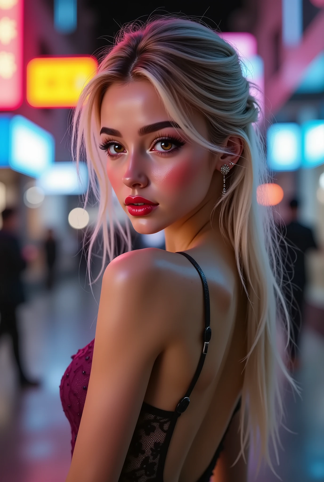  Realistic (Photorealistic realism 16K quality), ((ultra insanel quality, professional extremely detailed digital art)), ((focus on extremely Realistic Proportion Body, Anatomically Correct:1.2)), Beautiful Girl, ultra details, UHD, ((sharp focus, no blurry eyes, high resolution, absurd quality, Realistic brown_eyes:1.4),intricately detail:1.35),((extremely fine details eyes))((extra narrow eyebrows))(extremely fine details pupils),(ultra realistic texture details: velvety skin, hair),(apply glossy red_lipstick:1.3),(perfect proportions:1.2),(anatomically correct), Ray tracing, 1girl, pretty girl,(very slim slender fit-muscled body:1.3), ((looking at viewer)),(big smile), (tight mini dress), (shot sleeve) , (city night, (neon sign), (night), earrings, bracelets, necklace, pantyhose, clear eyes, walking , (pale skin), face forward, (big eyes), ((upper body shot)), tight-fitting dress, silk dress, laced dress, (see through dress), turning back, back shot, very slim, slander, blond hair, magenta color dress, tight ultra mini skirt