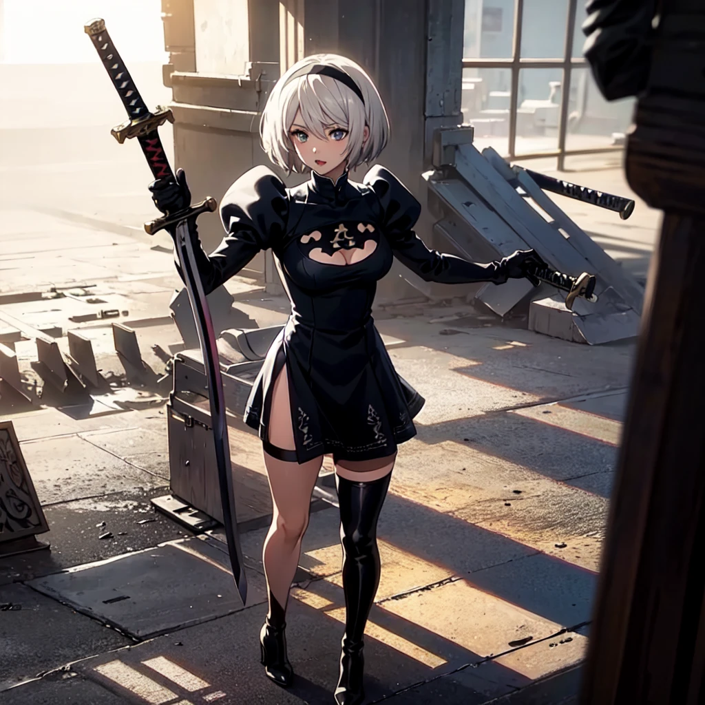 2B, 1girl, solo, short hair, thighhighs, gloves, long sleeves, dress, holding, cleavage, medium breasts, standing, full body, weapon, white hair, hairband, boots, puffy sleeves, sword, black thighhighs, black footwear, holding weapon, mole, black dress, high heels, leotard, clothing cutout, thigh boots, holding sword, cleavage cutout, katana, black hairband, juliet sleeves, mole under mouth, facing viewer, high heel boots, blindfold, covered eyes, black blindfold, feather-trimmed sleeves, masterpiece,