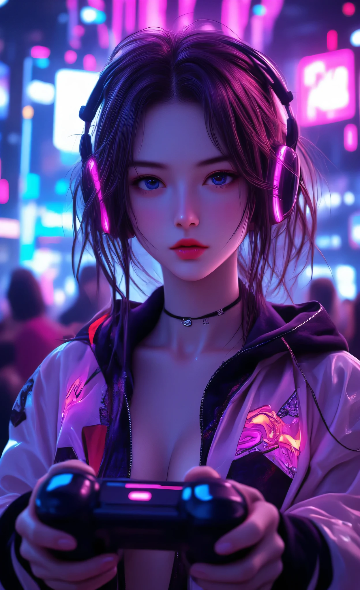 masterpiece, high detail, high resolution, best image, 4K, 8K, A vibrant cyberpunk-futuristic e-sport stage scene with 1 image, featuring a stunning young adult female in semi-realistic anime style, A fierce female gamer stands at the center of an illuminated e-sports stage, headset on, game controller in hand. She wears a modern-futuristic, cyberpunk stylish sexy gamer outfit, a revealing varsity jacket with digital crown motifs and neon accents, show her perfect body face, cleavage. Spotlights and holographic screens display her record-breaking stats and audience cheers. She radiates confidence and intelligence, her eyes locked on the screen with focus, high detail, vibrant colors, clean line art, perfect anatomy, soft neon lighting, no distortions, provocatively alluring vibe, award-winning, trending on Artstation.
