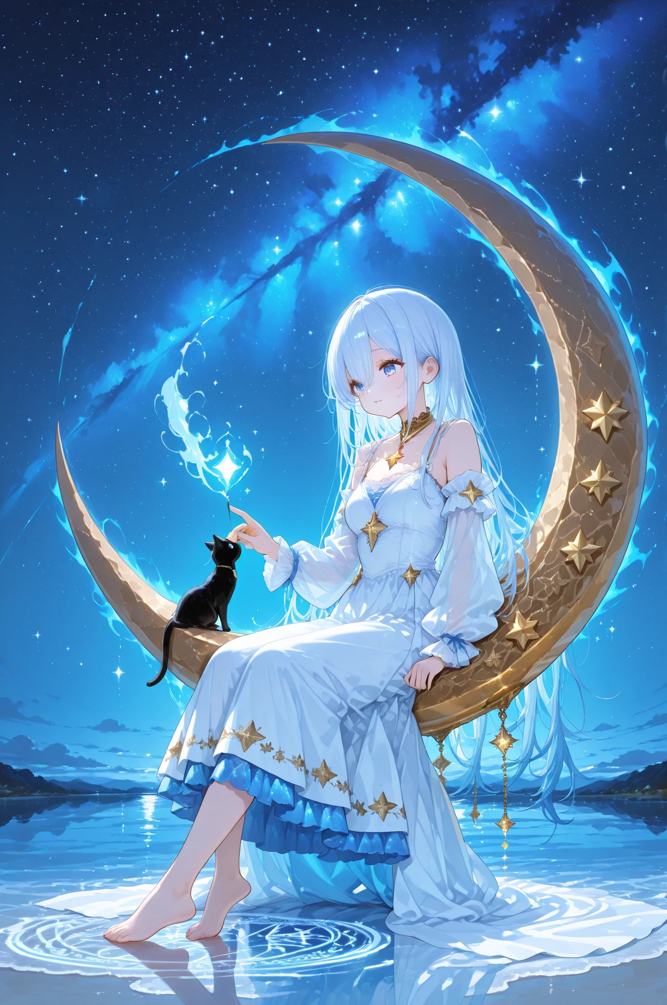 kanbn, white to blue hair, bright blue eyes, a girl, alone, wearing a white dress, barefoot, golden star decorations on the dress, white sleeves, a golden star pendant around her neck, holding a small black cat, a giant crescent moon floating in the sky, sitting on the crescent moon, a tranquil lake surface, reflections, glowing magic circle, pitch-black night, starry sky, 45-degree side view, full-body composition, dramatic composition, best quality, ultra high resolution, masterpiece, vivid colors, high contrast, extremely detailed details.