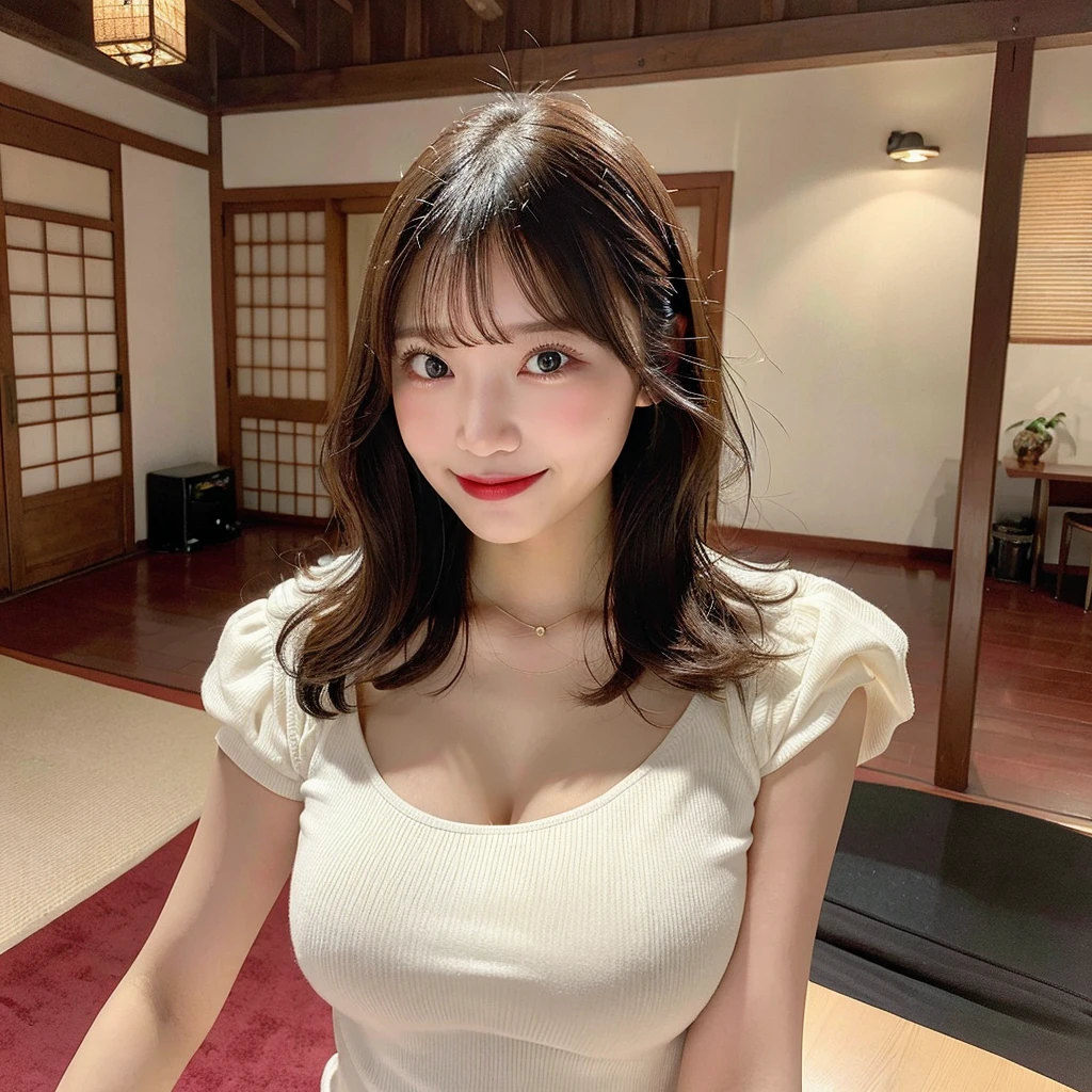 Daytime、office、Woman with short hair、Brown Hair、Open white shirt、Short skirt、Cleavage（Very large breasts、Very thin and long legs、Perfect figure、High heels、whole body、smile）、1 female、No makeup、22 years old、（masterpiece、8K,RAW Photos、High resolution:1.4）
