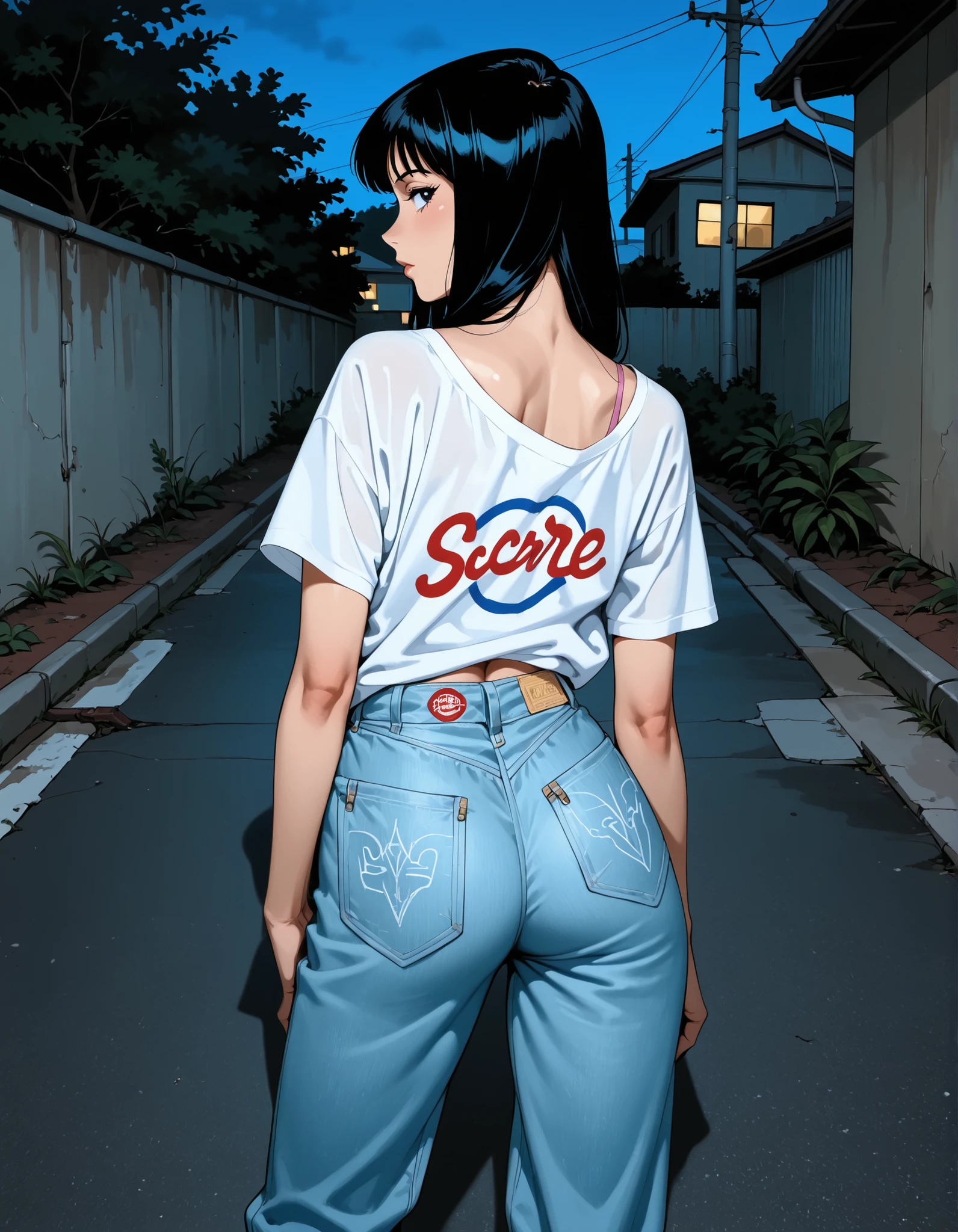 90's Anime, Quality_masterpiece, Absurd res, score_9, score_8_up, (masterpiece), source_Anime, DISTANT VIEWER, Hip hop wear, baggy jeans, loose shirt, back view, night, Hip hop style, urban, trees, ghetto scene, low rooftop, ghetto street view, (UltraHD8K), (intricatedetails:1.1), masterpiece, best quality, amazing quality,