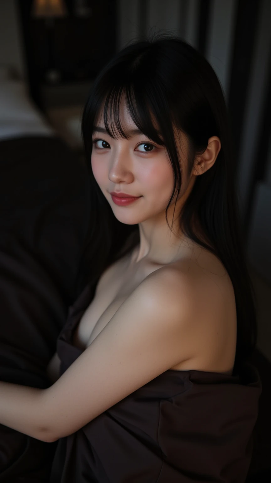 Slightly big breasts, 3D, long black hair, stubby bangs, two people, jiggling, raped