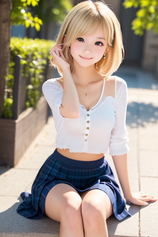 masterpiece, best quality, ((female teen)), (((turn over the skirt))),(cinematic proof),clear face, cute teenage girls,perfect anatomy, happy smile,winkking,open legs,silver short hair,blue eyes, realistic face, realistic,dynamic angle, (1girl), solo focus, small breast, ((lolita)),photoreal,hug,looking at viewer,sitting in the park,from below,((outdoor)),14yo, open legs, tight panties