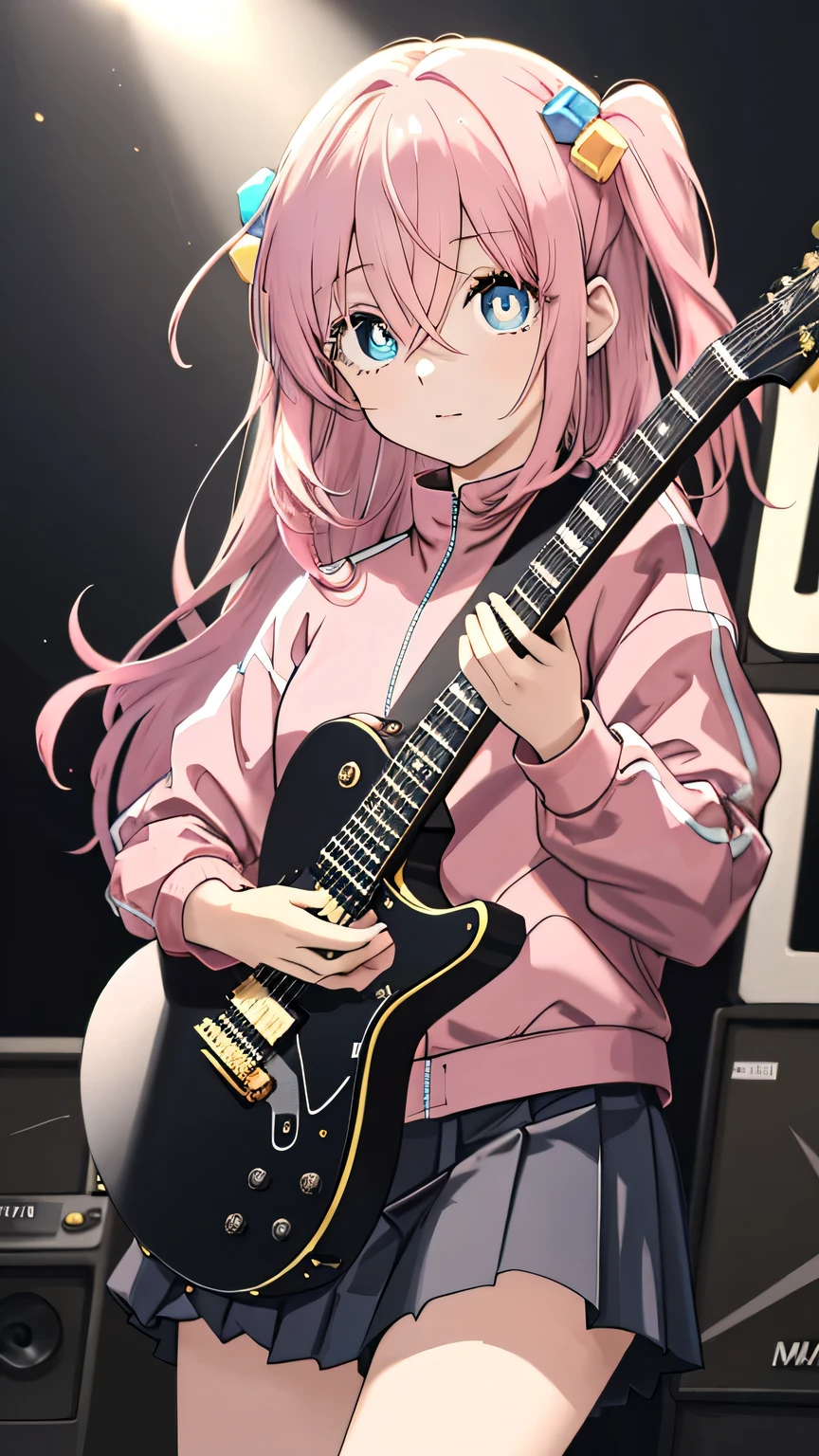 {{{masterpiece}}}, (best quality:1.5), (ultra-detailed:1.5), {illustration}, {{an extremely delicate and beautiful}}, (beautiful detailed eyes:1.6), absurdres, highres, extremely detailed face, 16k, hd, visual anime de uma jovem mulher, extremamente bonito rosto de anime, anime melhor garota, (perfect hands, perfect anatomy), (five fingers:1.1), anime face, hitori gotou(bocchi the rock), 1girl, solo, cute face, pink hair, long hair, (one side up:1.5), cube hair ornament, hair between eyes, hair ornament, sidelocks, big eyes, black pupils, blue eyes, medium breasts, big hips, curvaceous, BREAK, (pink jacket:1.5), close jacket, jacket tuck out, long sleeves, track jacket, track suit, black skirt, pleated skirt, thighs, BREAK, idol stage, live stage, on stage, performance, holding instrument, electric guitar(YAMAHA PACIFICA 611), black guitar, black guitar strap, spot light, audience, strobe effect, illumination, strong light coming in, three-quarter view