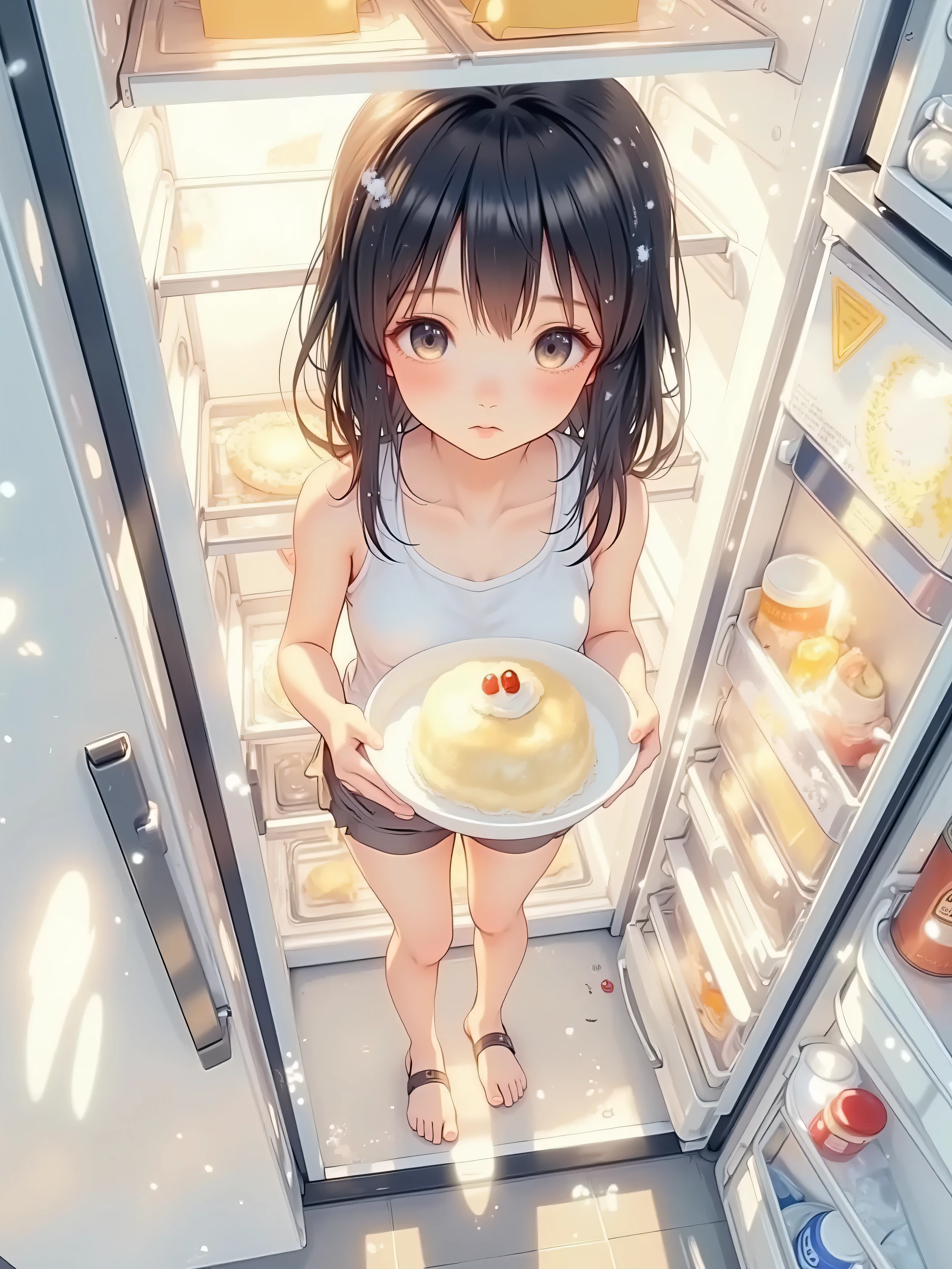 extremely aesthetic, so cute, innocently, decompose a little,
BREAK
A POV angle shot of a girl opening a refrigerator and looking inside.
BREAK
The focus is on the happy expression on her face when she finds the pudding in front of her. Her hairstyle is short, and she wears a tank top and shorts. The faces of the characters are detailed and very cute.
BREAK
A clean image. elegant, sophisticated, vibrant colors, high resolution, masterpiece.