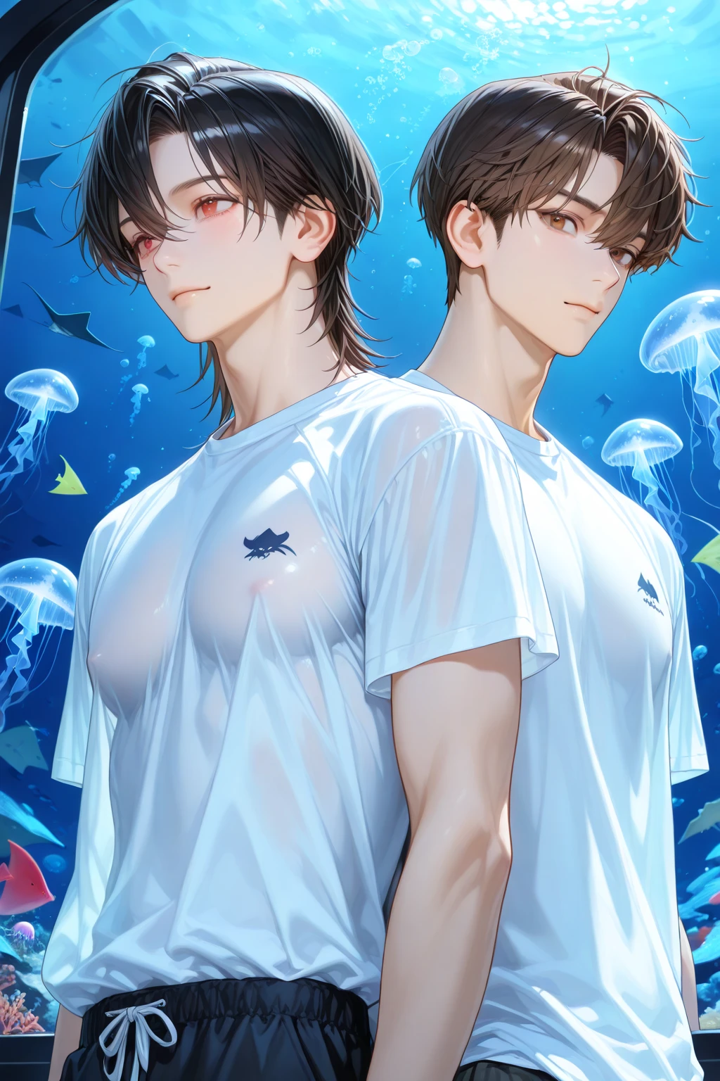 masterpiece,best quality,high quality,extremely detailed,(2 male austere handsome men, adult age 30 years old:1.5),(purple eyes, cool with suspended eyes), strong and fearless body, 8.5 head tall and 185cm tall,(well-groomed black short hair to neck:1.4), (bangs parted in thirds:1.4), (pectoral and rectus abdominis muscles:1.3), slender nose, facial muscles, (saltwater pants:1.3), (hand on neck:1.3), (scowling smile:1.3), (swimming:1.3), (stylish pose), (background deep sea underwater:1.3)