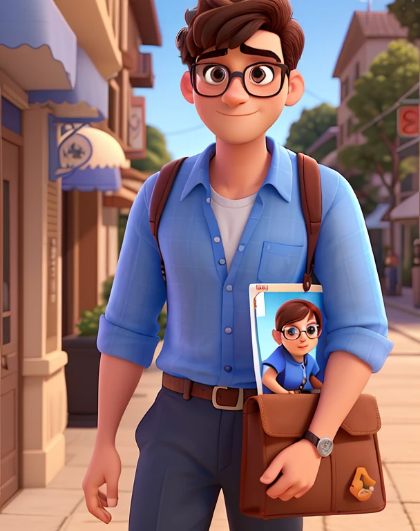Cartoon character of a man in black glasses and blue shirt, um personagem animado, Caractere estilizado, animation style rendering, 3D estilizado, Arnold Maya rendering, Stylized 3D rendering, toon render screenshot, Personagem 3D, Personagem 3D, Stylized 3D rendering, 3D character rendering, personagem de desenho animado, Personagem de close up, Pose de personagem,  (Estilo Pixar) (parte mestre:1.2) (Bokeh) (melhor qualidade) (pele detalhada) (textura detalhada) (8k) (argila) (cinematic lighting) (sharp focus