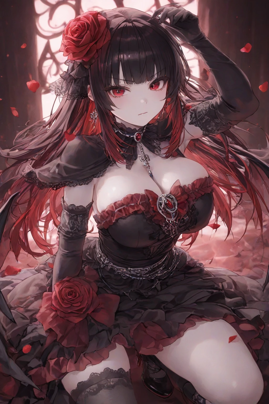 ((masterpiece, Highest quality, High resolution)), ((Highly detailed CG integrated 8K wallpaper)), (Huge and stunning goddess shot, Very hot and sexy, Incredible beauty, Perfect proportions, Beautiful body, Slim body beauty:1.1), Woman in the queen of hearts Costume, High quality theatre costumes, the queen of hearts, the the queen of hearts, Put a crown on your head, Big heart-shaped collar, Has a long stick, the red queen, Red and black dress, Black and red dress, Heart symbol, Victorian style costume, Gothic Dress, Black and red silk garment,