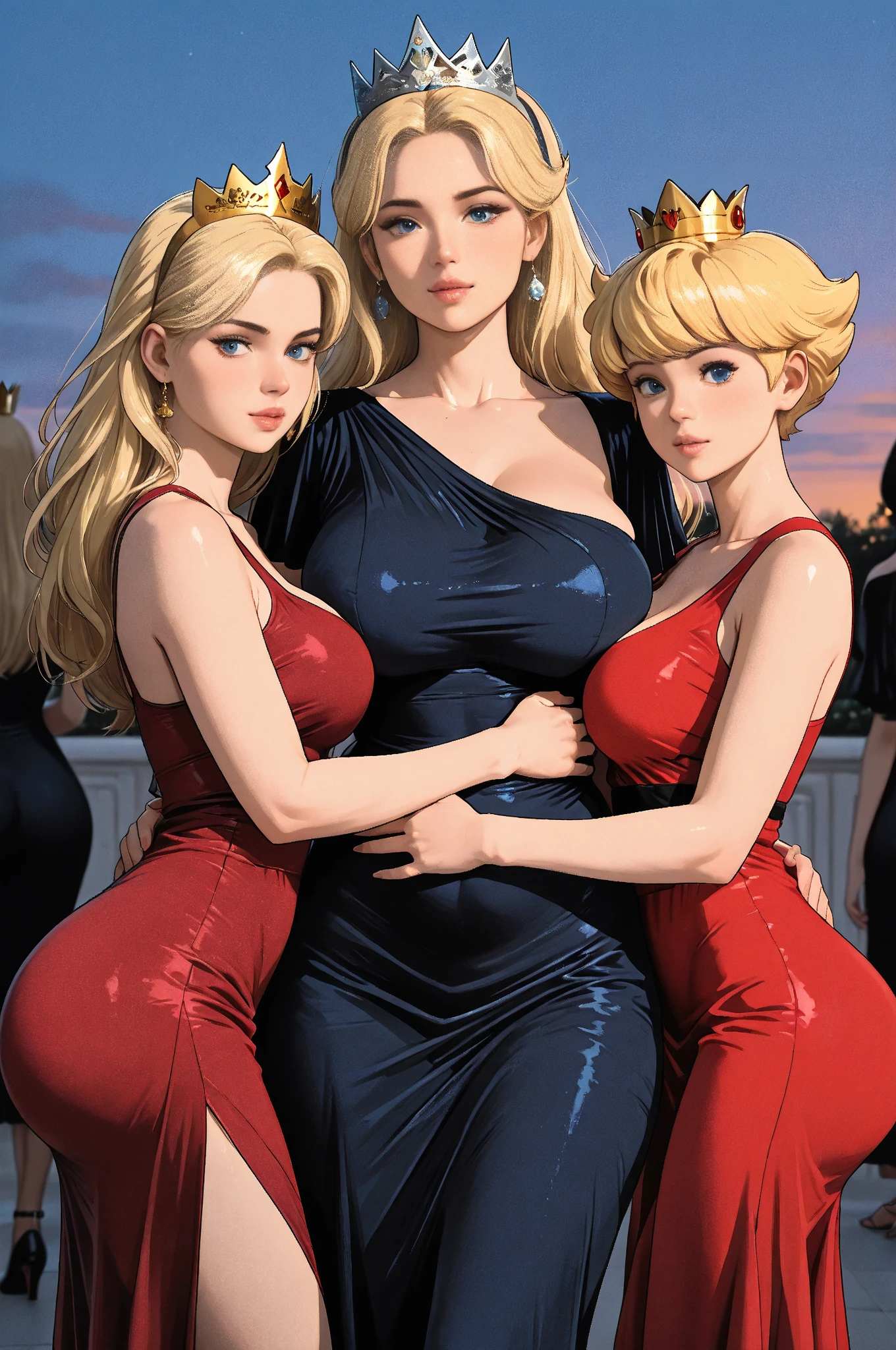 (best quality, highres, highly detailed, masterpiece:1.3), Three young women in their twenties, with long curly hair, huddled in conversation, Madam, Tall, Firm, Heart-Shaped Face, Tan Skin, Golden Blonde Hair, amethyst Eyes, Narrow Nose, Thick Lips, Prominent Chin, Shoulder-Length Hair, Fine Hair, Fancy Updo, large breasts, Huggie earrings, rust stain lipstick, 21st century modern, <lora:add_detail:0.7>