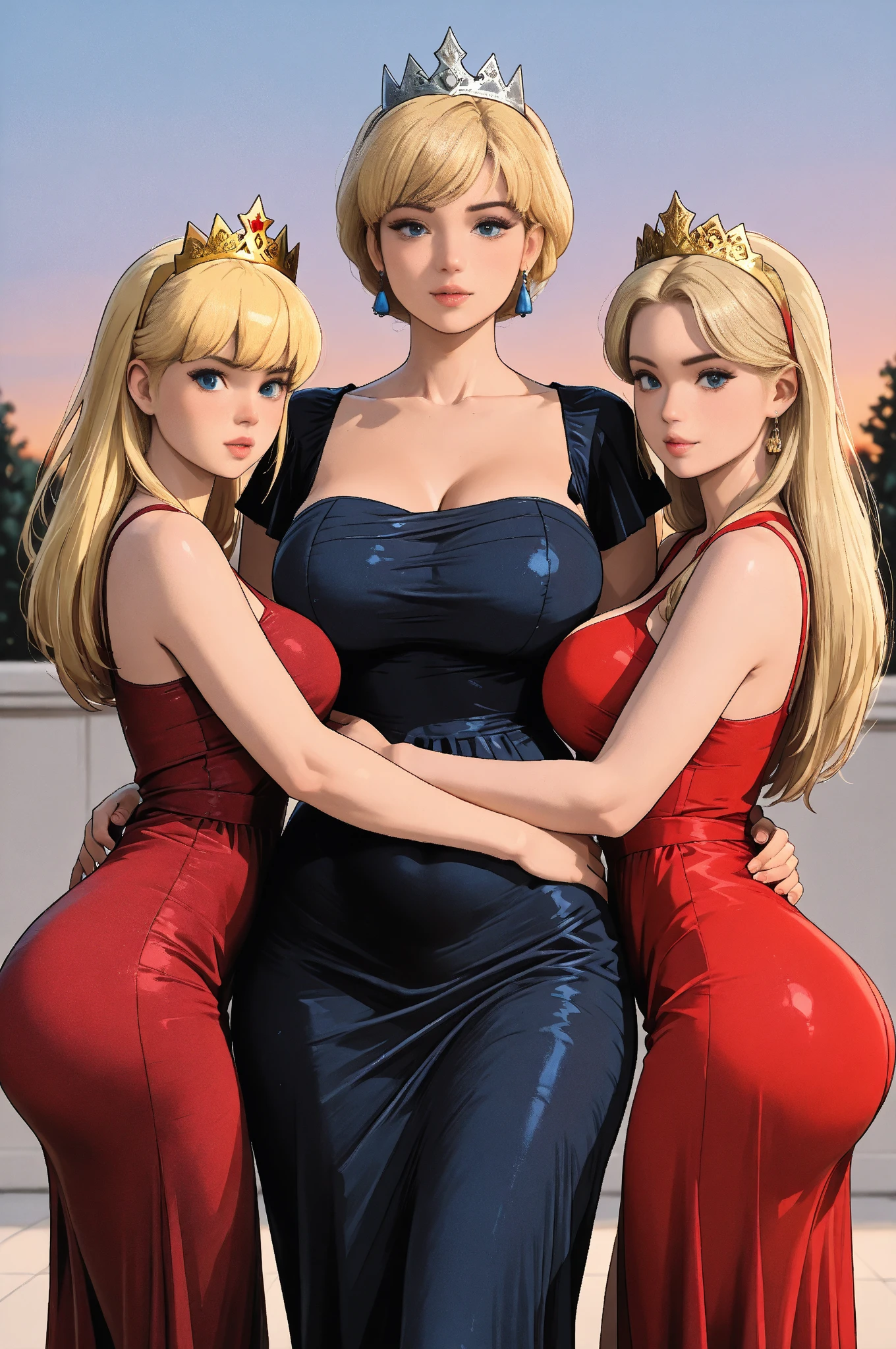 (masterpiece, best quality), two womans, blonde hair, red dress,, cute face, blush,