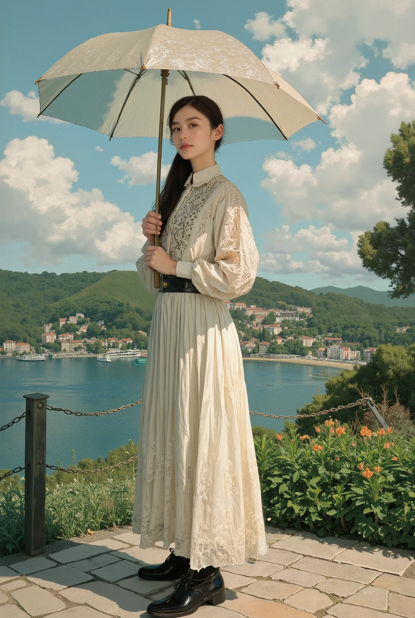 (best quality, 4k, highres, masterpiece:1.2) , ultra-detailed, (realistic, photorealistic:1.37), A photorealistic portrait of an elegant young woman standing, She is having a Sun Umbrella for Women, Claude Monet Scenery Excellent Quality、4K resolution、super definition、Realistic、PROFESSIONAL、Dynamic Range HDR、vibrant colors、bokeh、Impressionist style、oil、beautiful light、elegant atmosphere、Natural elements、In the sunshine、marine scenery、delicate texture、Elegant posture, 19rth century, she is taking a walk, hyper detailed moist skinn texture,