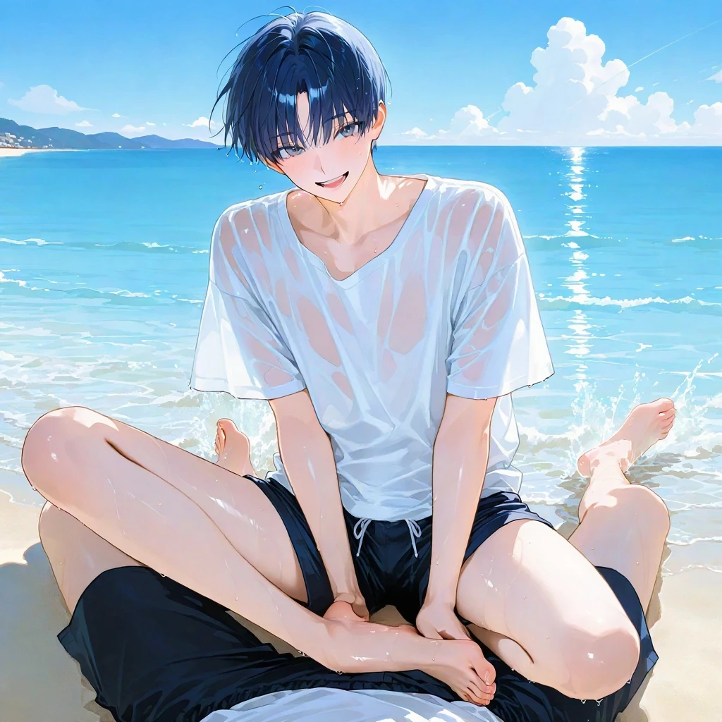 Masterpiece,best quality,ultra detailed,Girl, extra short hair , boyish, short hair, flat chest, NSFW, ocean, beach, sand, rocks, sex,cumshot,