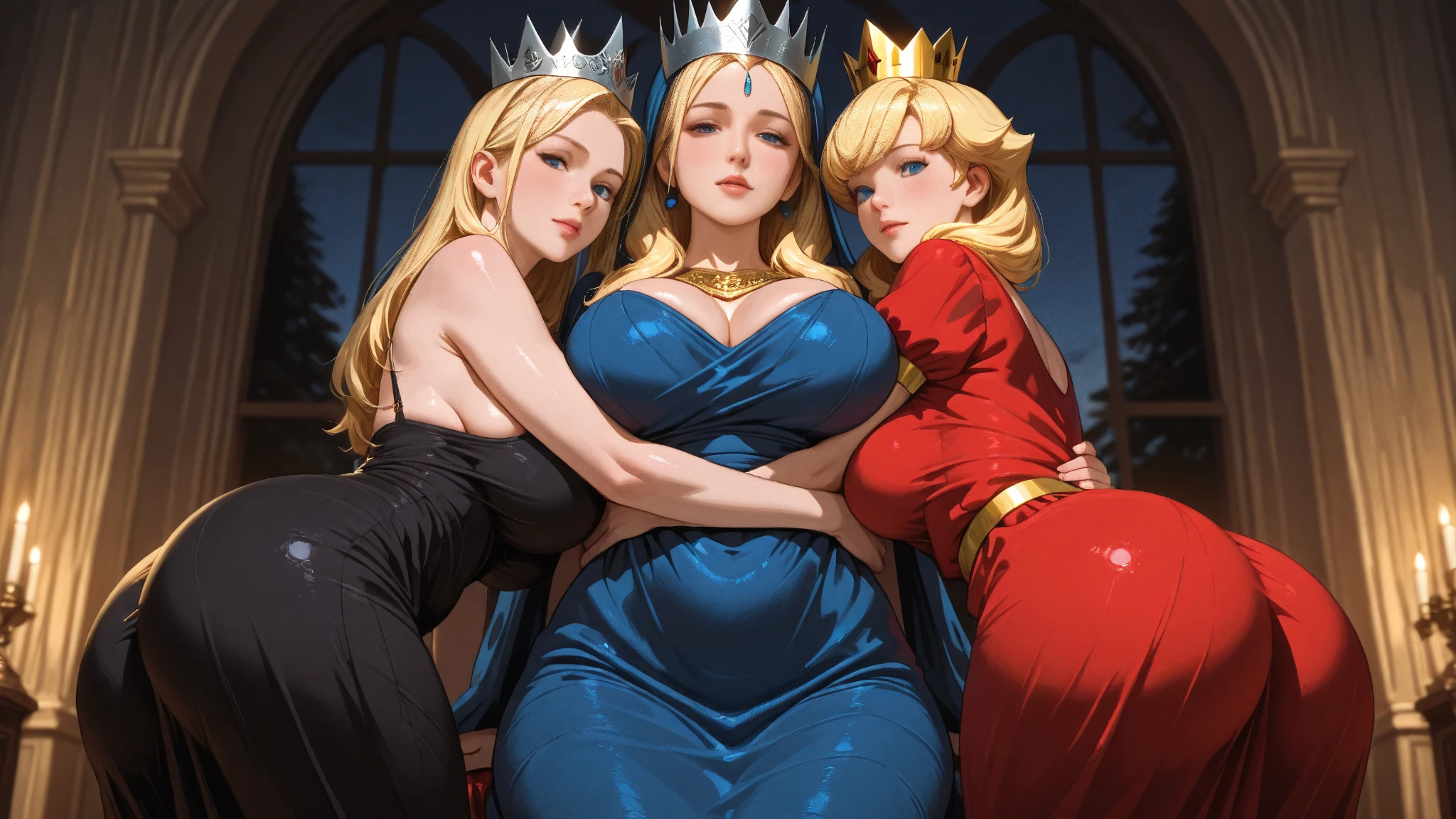 Cristalina, the beautiful goddess of crystal, 20 years old, long blonde hair, light lilac eyes, huge breasts, naked on her throne, looking to the right, angry, while Princess Esmeralda, 18 years old, long blonde hair, blue eyes, big breasts, naked with a blue cloth showing her breasts. to Cristalina 