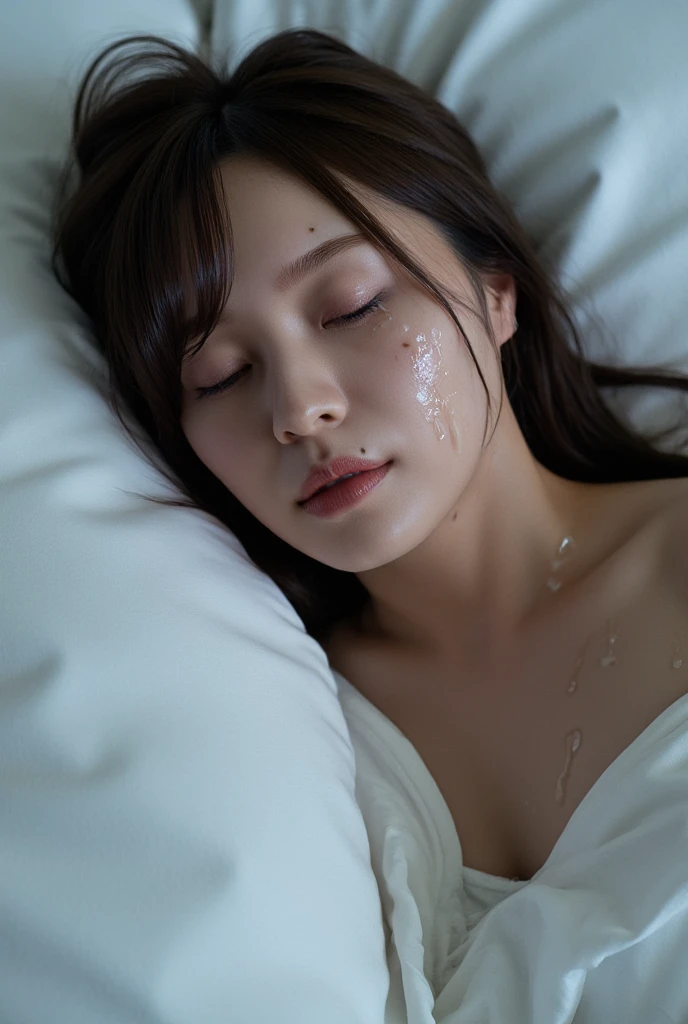 (Perspective of laying in bed) (pov laying next to her) cum facial, cum on breasts, cum on panties, Tiny young Asian teen sleeping in bed in silk pajamas, she's asleep on her side, breasts exposed