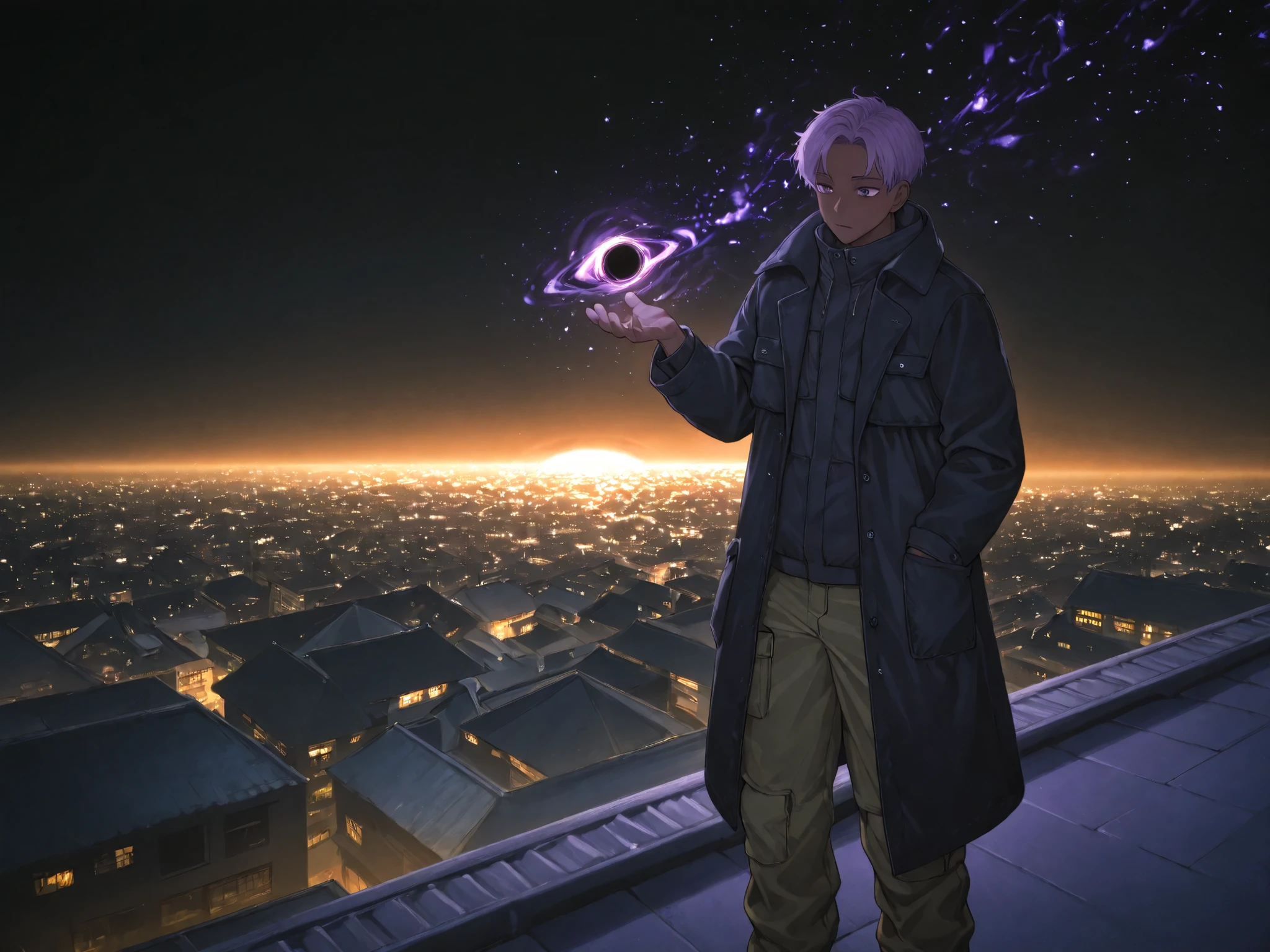 {1 homem}:( a dark-skinned boy , olhos roxos, with an aura of stars looking like constellations, wearing a black coat and cargo pants, holding a black hole in his right hand, As if it were a power, while the other one is in his pocket), (Roof of a building, soft lighting).