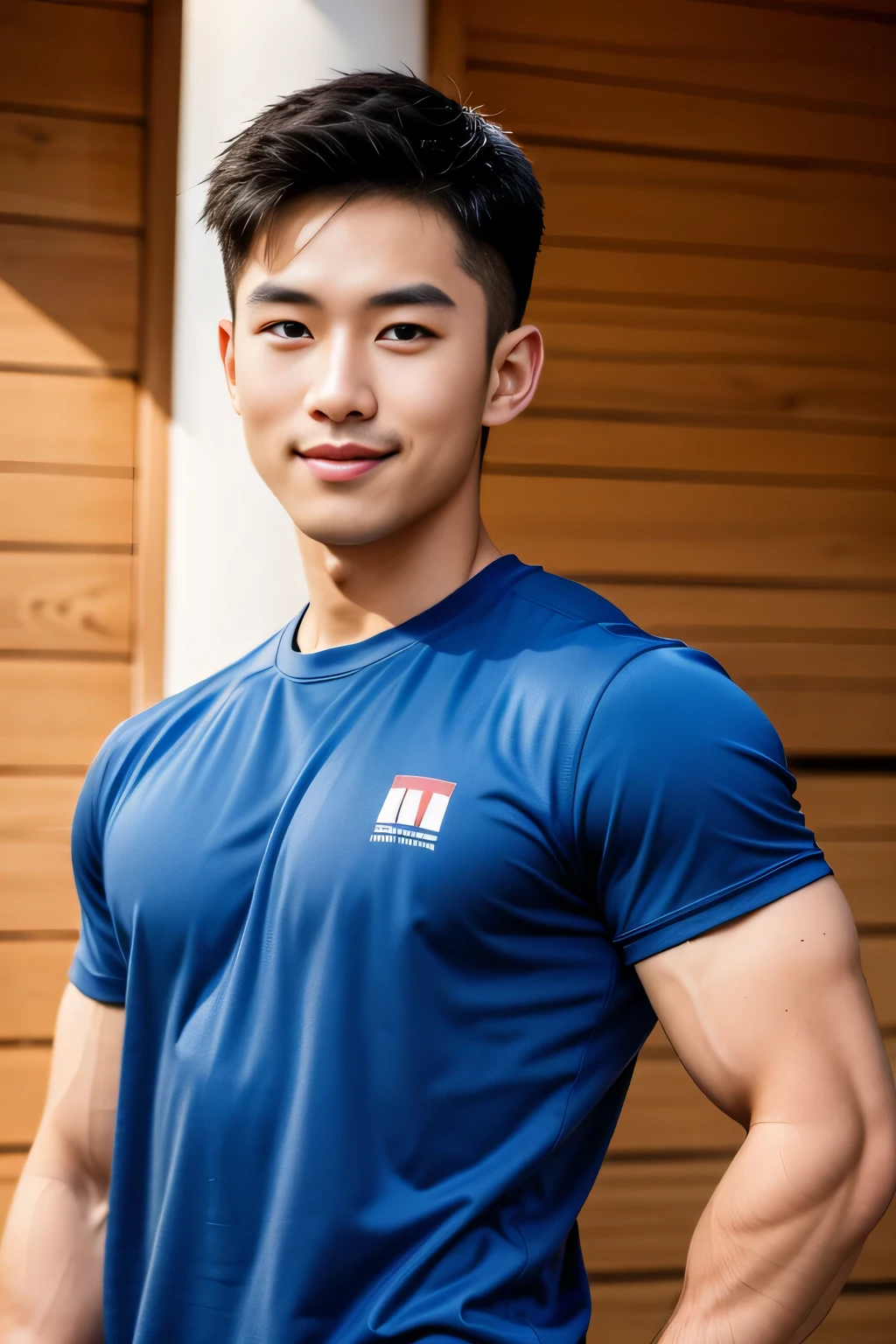 Handsome young man ,20 years old , short hair, Korea , student，(((Wear a navy shirt without stripes.))),smile , full body view ,chest muscles, Broad shoulders ,sportsperson , upper body (1), rain: 1.3, gym: 1.2, wet body: 1.1, exercise