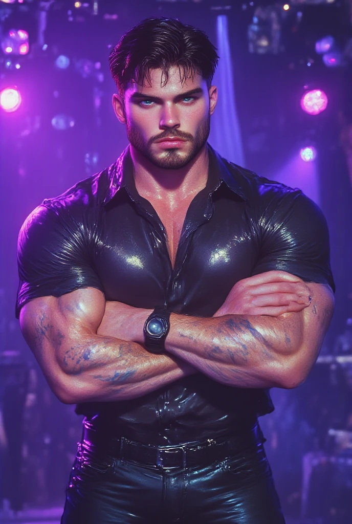 (masterpiece, best quality, detailed: 1.2) muscular 30 year old man, hairy body, expressive eyes, dark black hair, wearing a beret on his head, dynamic pose, stripper, wearing latex micro thong, in a nightclub, huge lump, neon lights