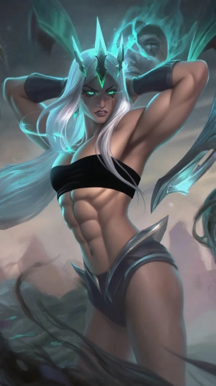One Woman, masutepiece, of the highest quality, posterior view, Queen of the Grey Elves, bikini of, central, Belt bag, Peach Boots, viewer, Face, Portrait, Glowing eyes, Green smoke, Ass, Black background, Raised breasts, Bare skin, facial expression of smile, devil's figure, Docking screen, Muscle Girl, Krautin Gregg Open, Lower body
