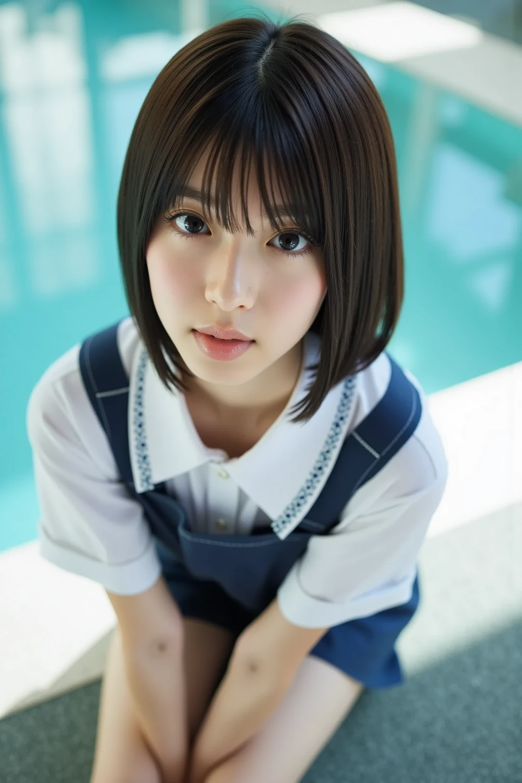 Face straight ahead。ID photo、Stand in the middle、White cutter shirt、View photographer、The upper part of the body、School Jersey、summer clothing、shortsleeves、jpn、japanes、in poolside、white bra at school、short-cut、Black eyes、Dark hair、The face is straight、frontal photos、soio、