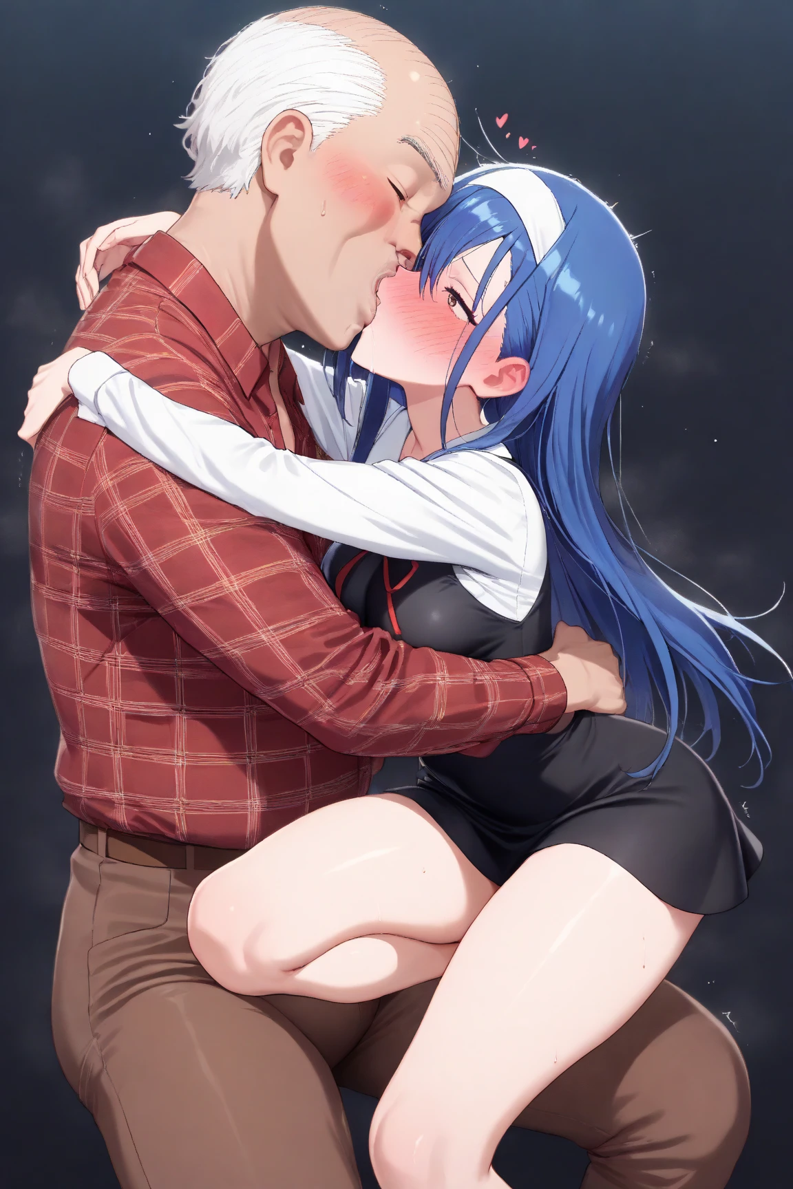 ((Highest quality)), ((masterpiece)), (detailed), (Perfect Face)、The woman is Akane Kurokawa, a girl with blue bob hair, and she embraces a middle-aged man, has his dick inserted into her pussy, and they have sex and make love.