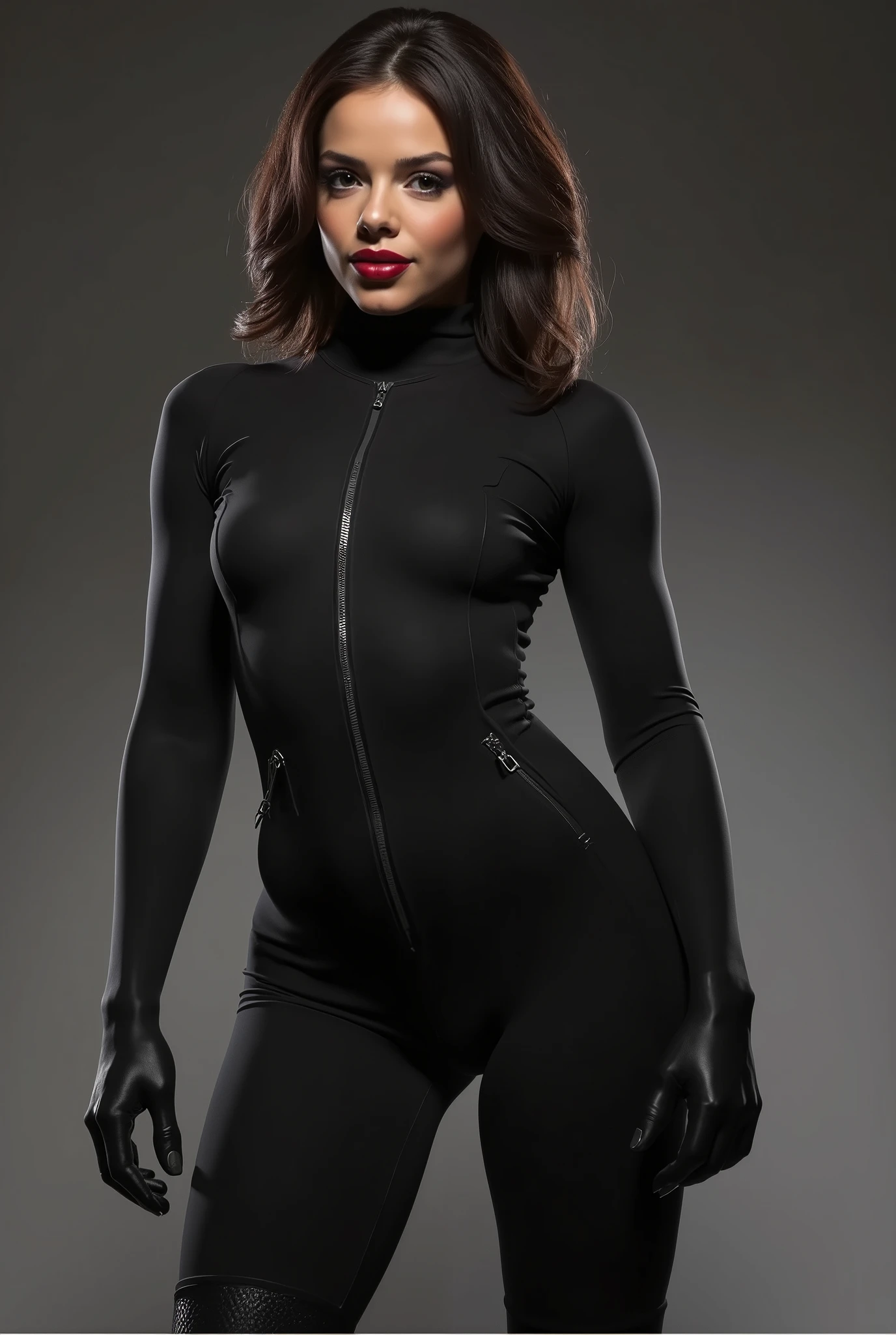 Precisely shaped black fabric stealth suit shows every outline, strategic zipper details. Tiefrote, shiny lips open easily in breathless expectation, Intensive look through the lashes, wild hair frames the face. backside accentuated by a second skin Rubber fit, Kampfstiefel, Add the edge. studio lighting provides liquid shine on fabric. Pose, that both on mission and original desire suggests
