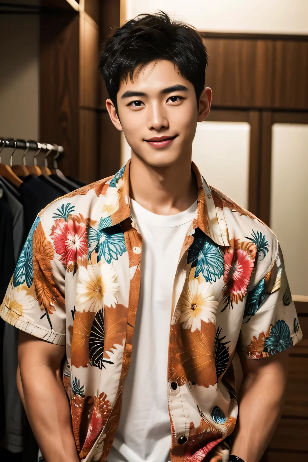 18-year-old male、Japanese、handsome guys、Macho、short hair、 apparel clerk、Hawaiian shirt、Smile Yan