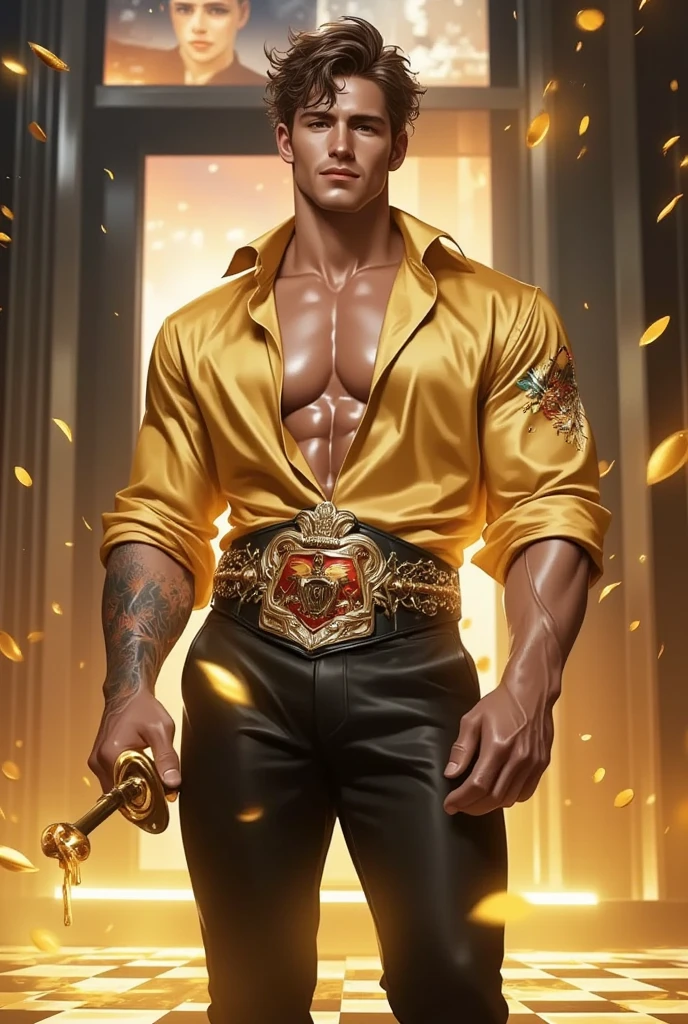 8k portrait of Elvis Presley Bodybuilder, shirtless, intricate, 35 years old, las vegas, full body, looking at the camera, elegant, (black eyes), highly detailed, majestic, digital photography, art by artgerm and ruan jia and greg rutkowski, black hair, broken glass around (masterpiece, side lighting, beautiful finely detailed eyes: 1.2 ), hdr