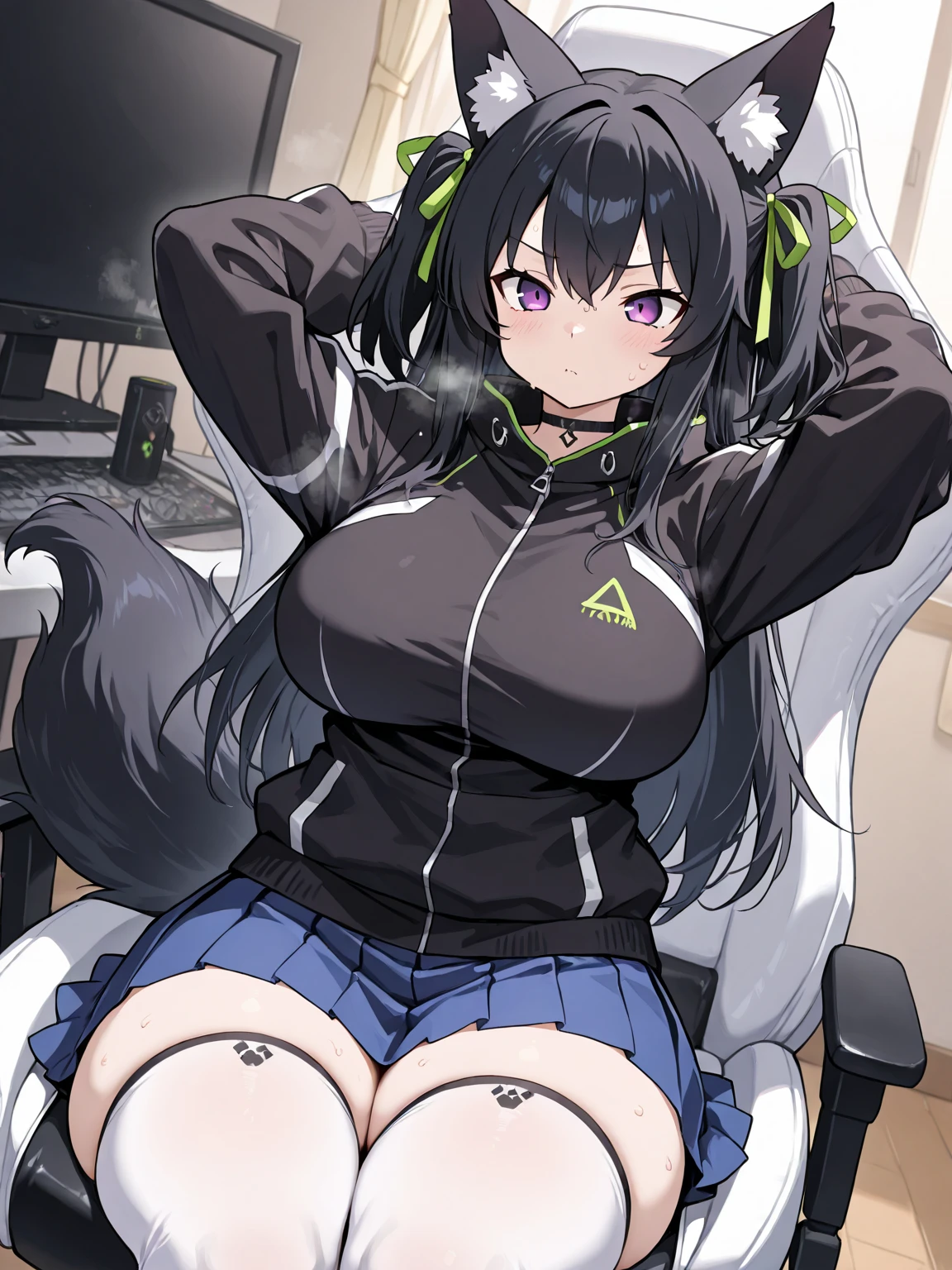 A young 16-year-old girl, with a well-defined body and a well-defined face, wears a sexy outfit consisting of an orange t-shirt and a black mini skirt. She's in her Japanese-style room, sitting in front of the computer. On the computer screen, one can read "KiraNeko-Fansub". Beside her, an adorable black kitten plays happily. The room is illuminated by a soft light, which enhances the vibrant tones of the Japanese décor and creates a warm and intimate atmosphere. The young woman is immersed in the world of anime, enjoying its moment of fun and entertainment. The atmosphere is filled with a relaxed and welcoming aura, providing a perfect refuge for your passion. The scene conveys a sense of youth, enthusiasm and authenticity, with a touch of understated sensuality. --c 10 --s 746 --q 2